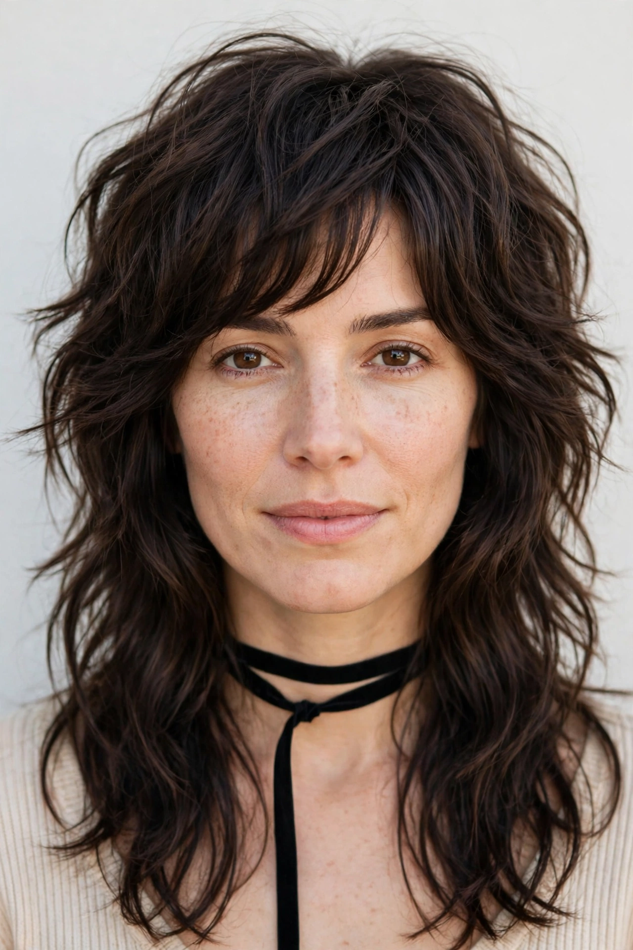 Wolf Cut Hairstyles for Wavy Hair with Textured Ends in dark chocolate with a relaxed with movement finish