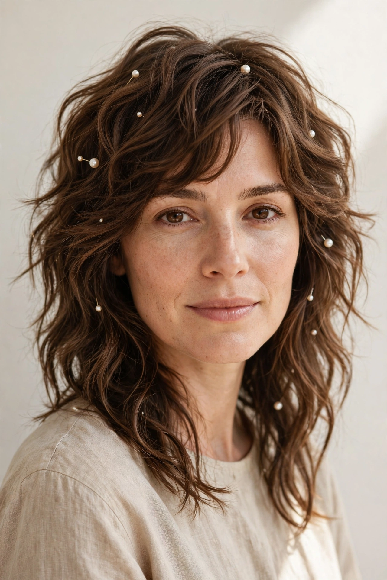 Warm Brown Wolf Cut Hairstyles for Wavy Hair with Textured Ends with Delicate Pearl Pins