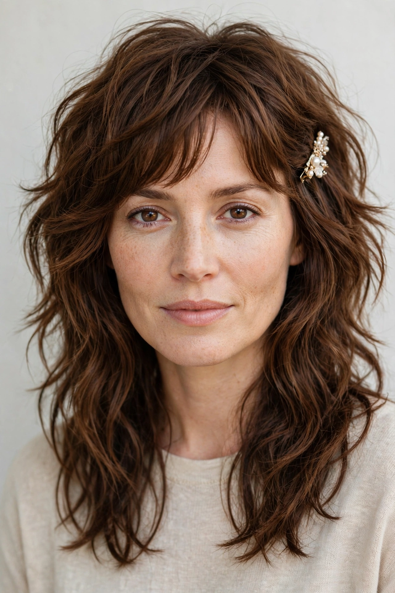 Wolf Cut Hairstyles for Wavy Hair with Textured Ends in chestnut with a softly textured finish