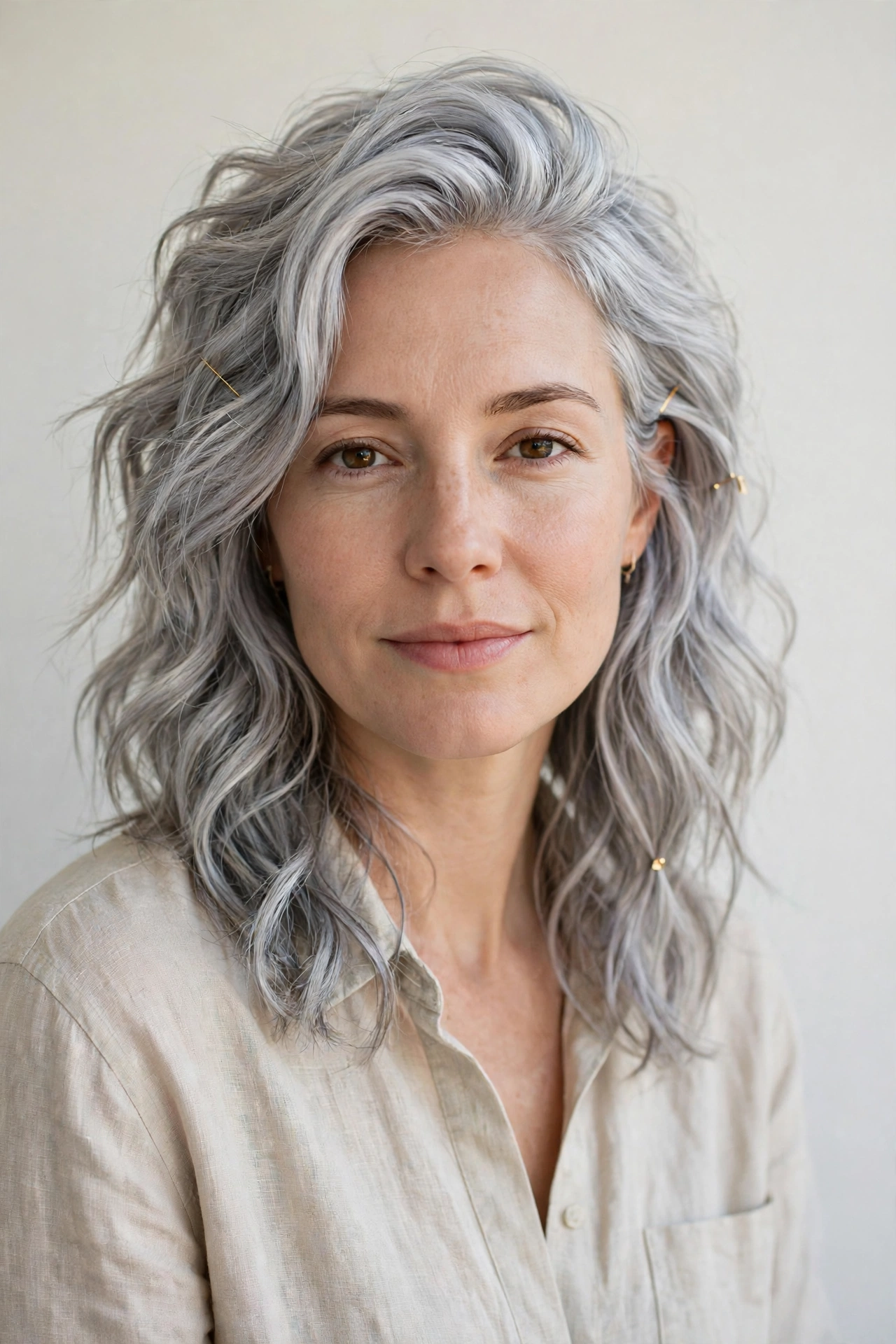 Silver Wolf Cut Hairstyles for Wavy Hair with Textured Ends with Minimal Gold Pins