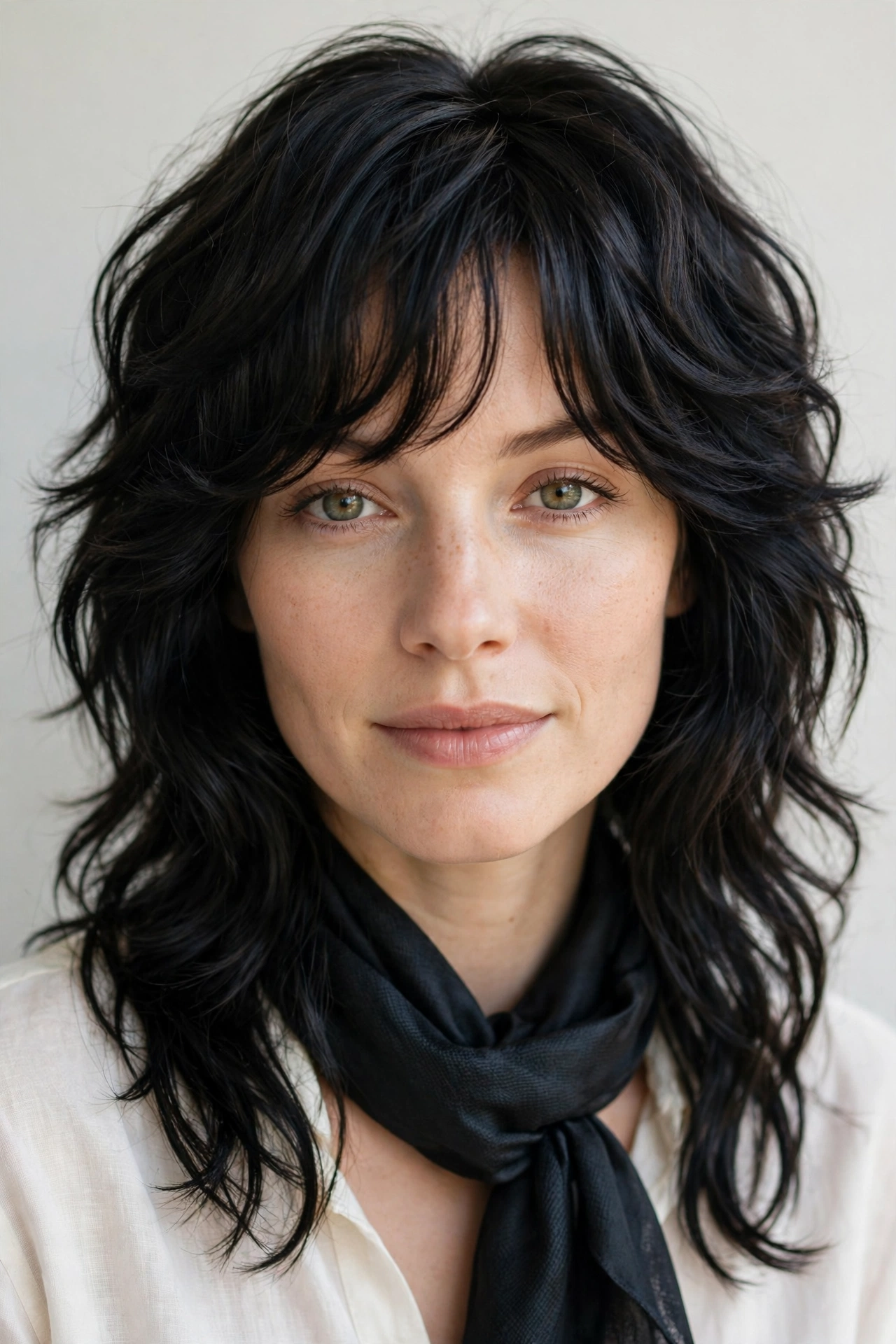 Wolf Cut Hairstyles for Wavy Hair with Textured Ends in soft black with a sleek with shine finish
