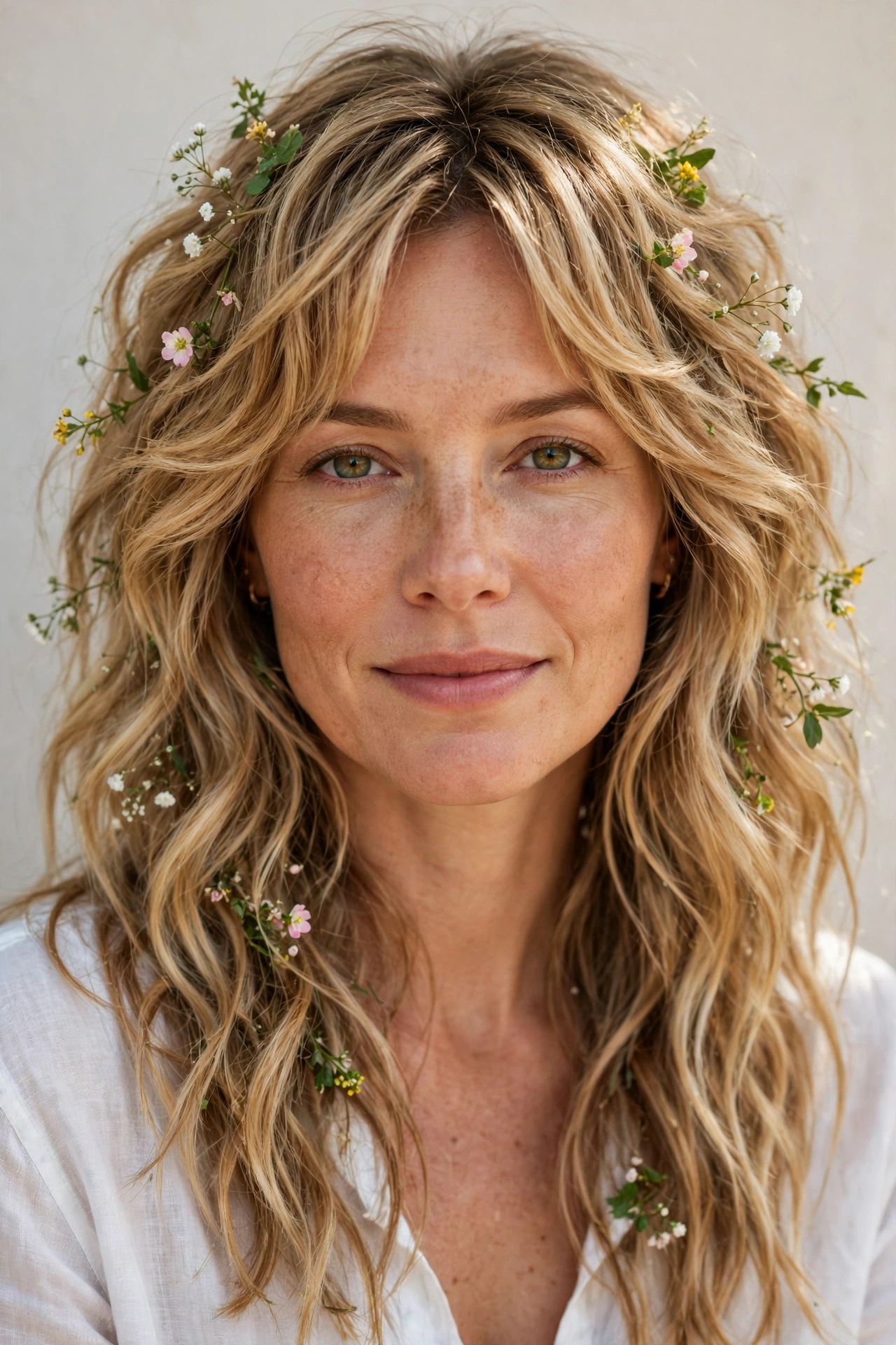 Honey Blonde Wolf Cut Hairstyles for Wavy Hair with Textured Ends with Tiny Fresh Flowers