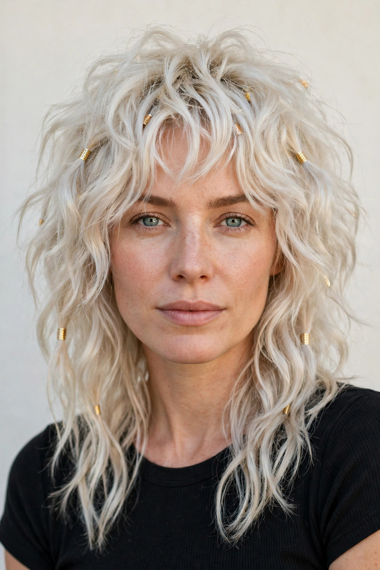 Platinum Blonde Wolf Cut Hairstyles for Wavy Hair with Textured Ends with Small Gold Cuffs