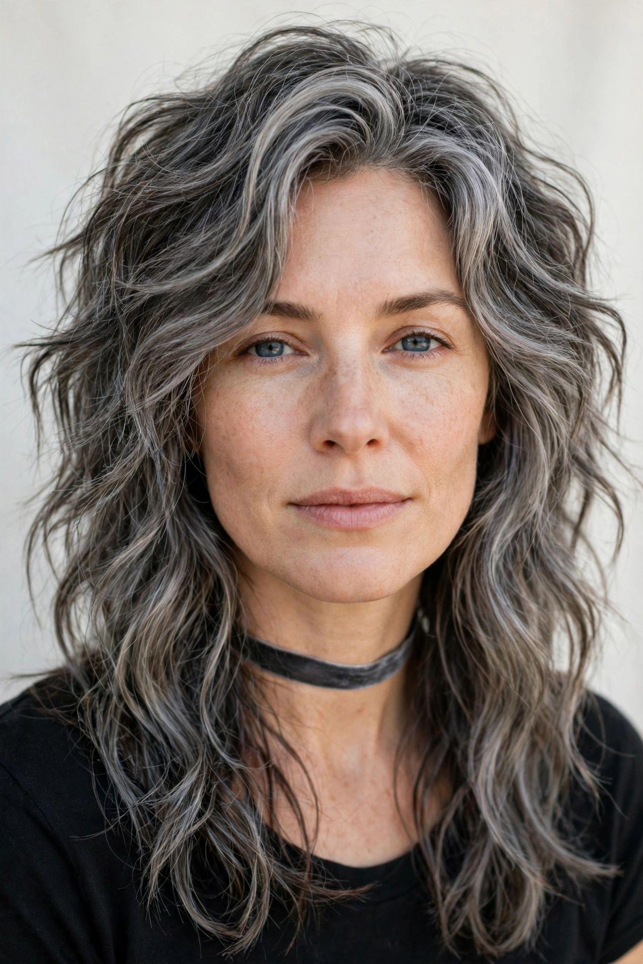 Wolf Cut Hairstyles for Wavy Hair with Textured Ends in soft grey-blended with a relaxed with movement finish