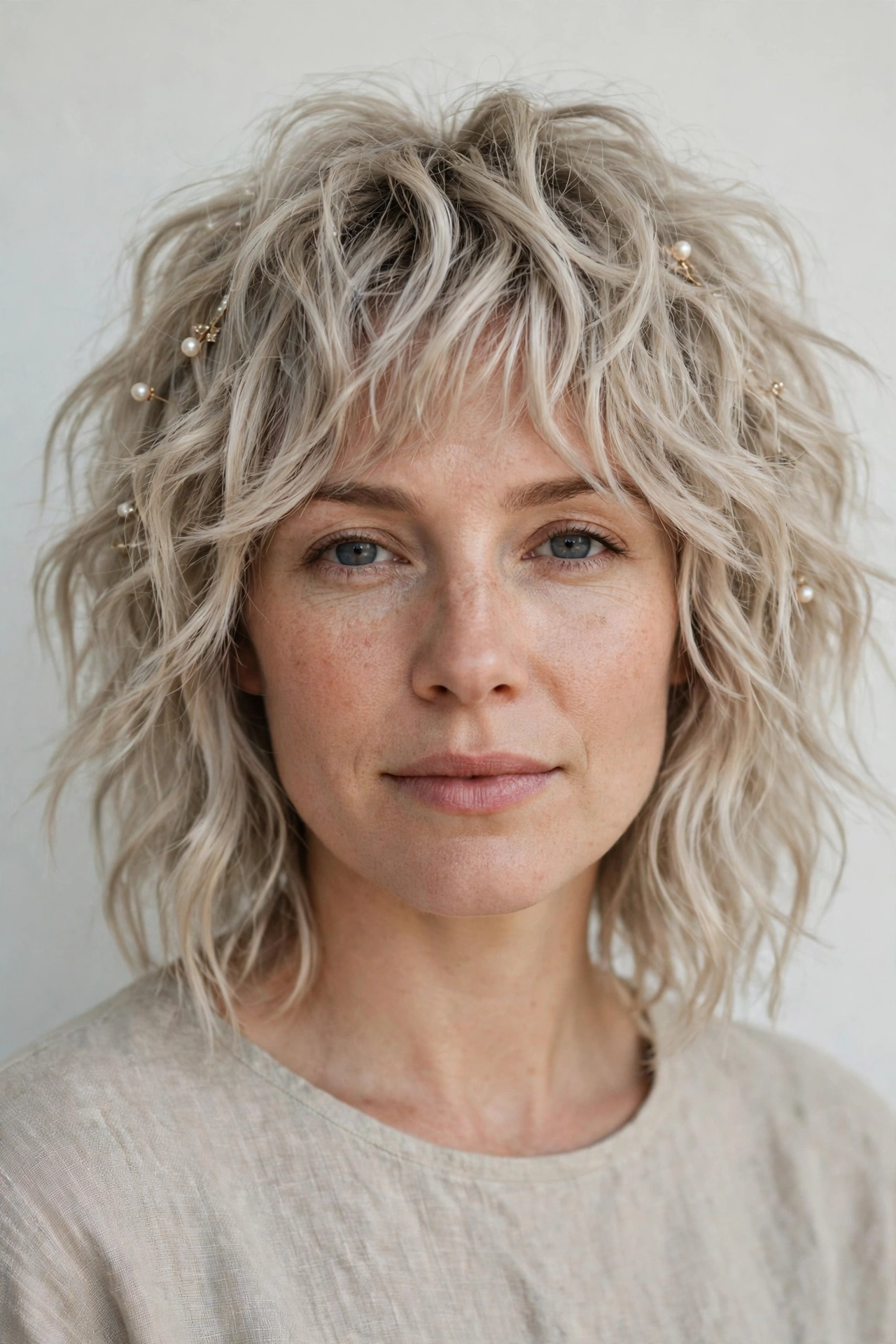 Ash Blonde Wolf Cut Hairstyles for Wavy Hair with Textured Ends with Delicate Pearl Pins