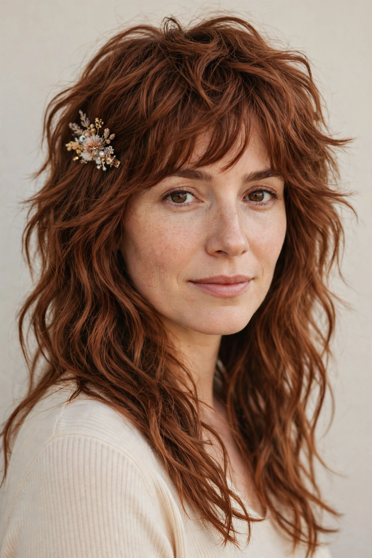 Wolf Cut Hairstyles for Wavy Hair with Textured Ends in soft auburn with a softly textured finish