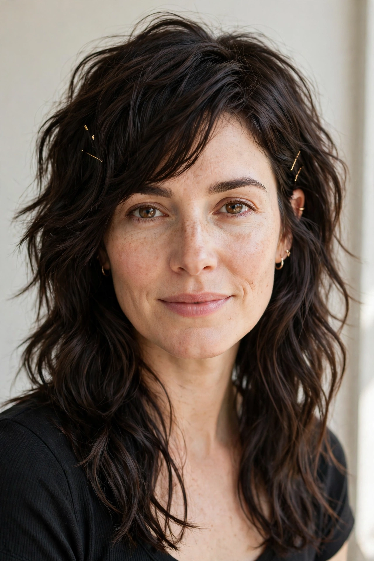 Deep Brunette Wolf Cut Hairstyles for Wavy Hair with Textured Ends with Minimal Gold Pins