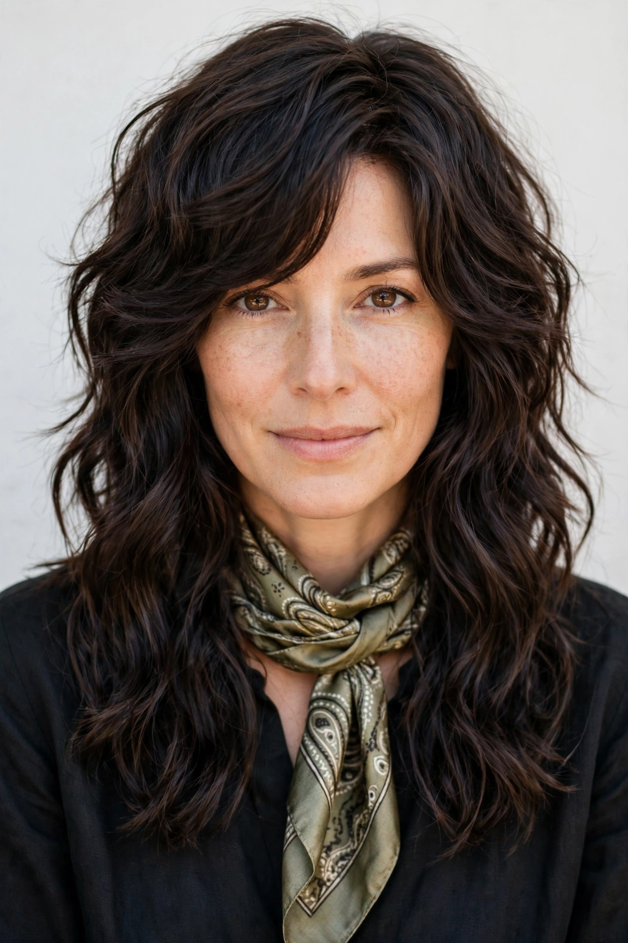 Wolf Cut Hairstyles for Wavy Hair with Textured Ends in dark chocolate with a sleek with shine finish