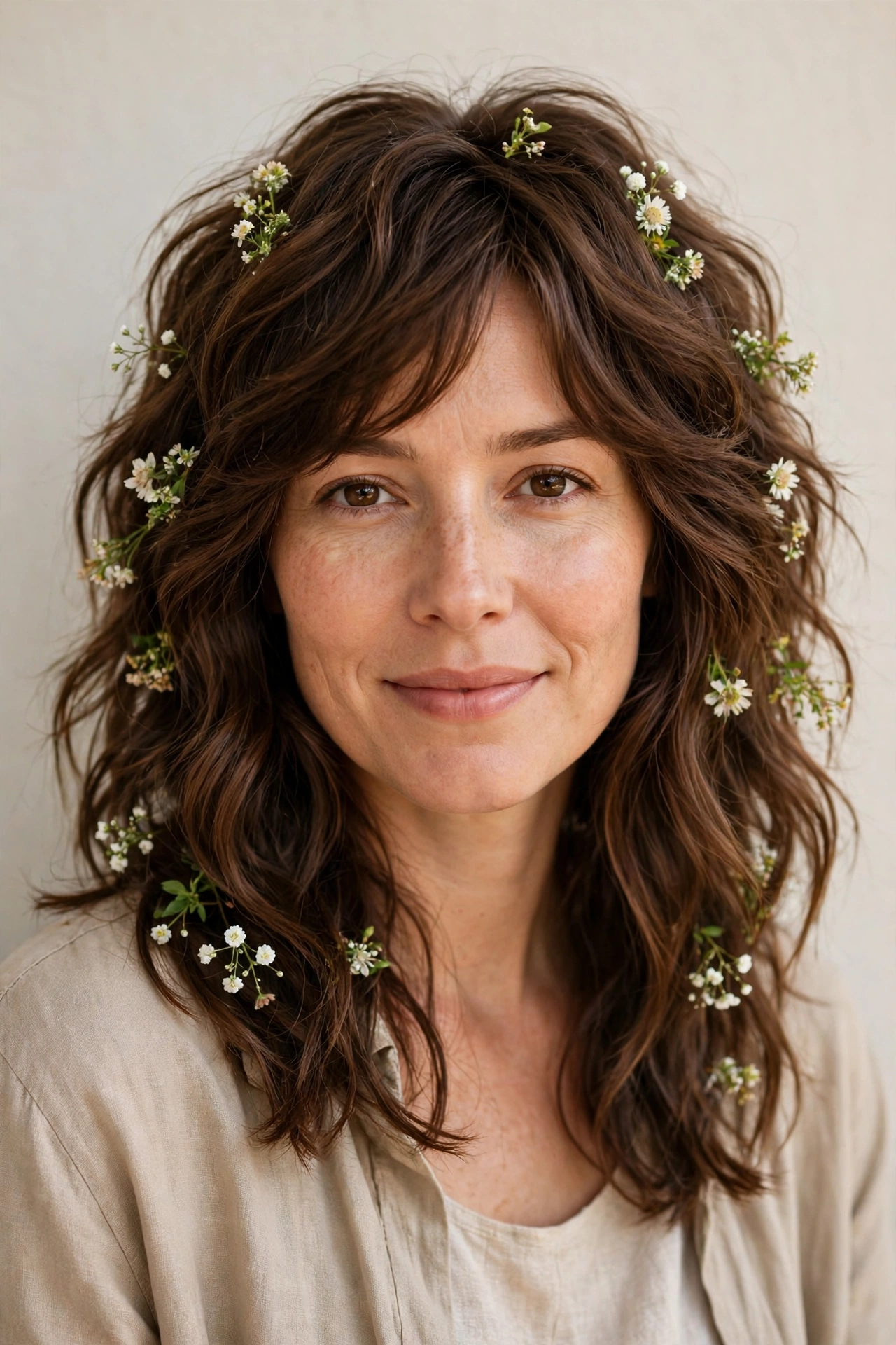 Warm Brown Wolf Cut Hairstyles for Wavy Hair with Textured Ends with Tiny Fresh Flowers