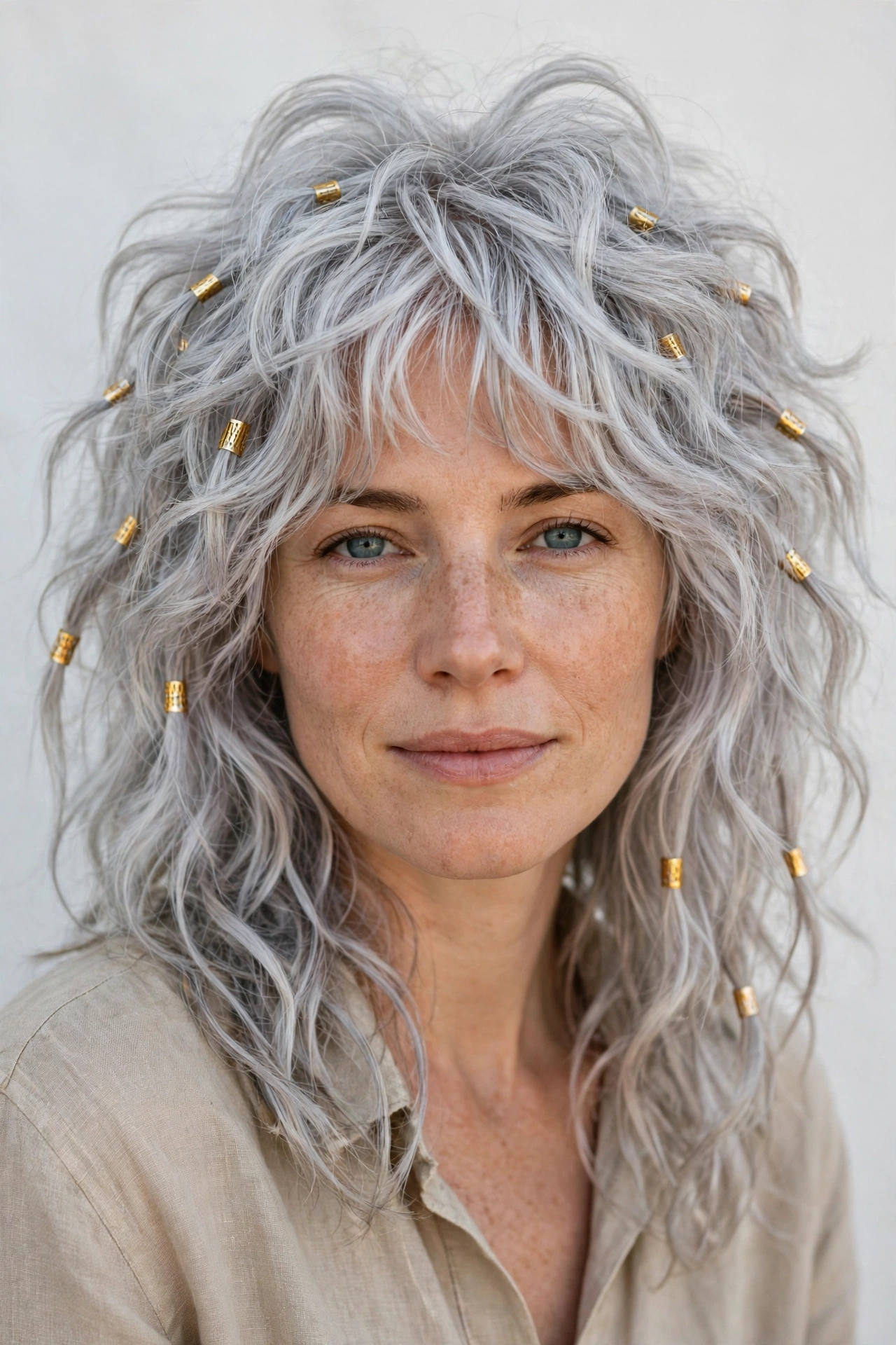 Silver Wolf Cut Hairstyles for Wavy Hair with Textured Ends with Small Gold Cuffs