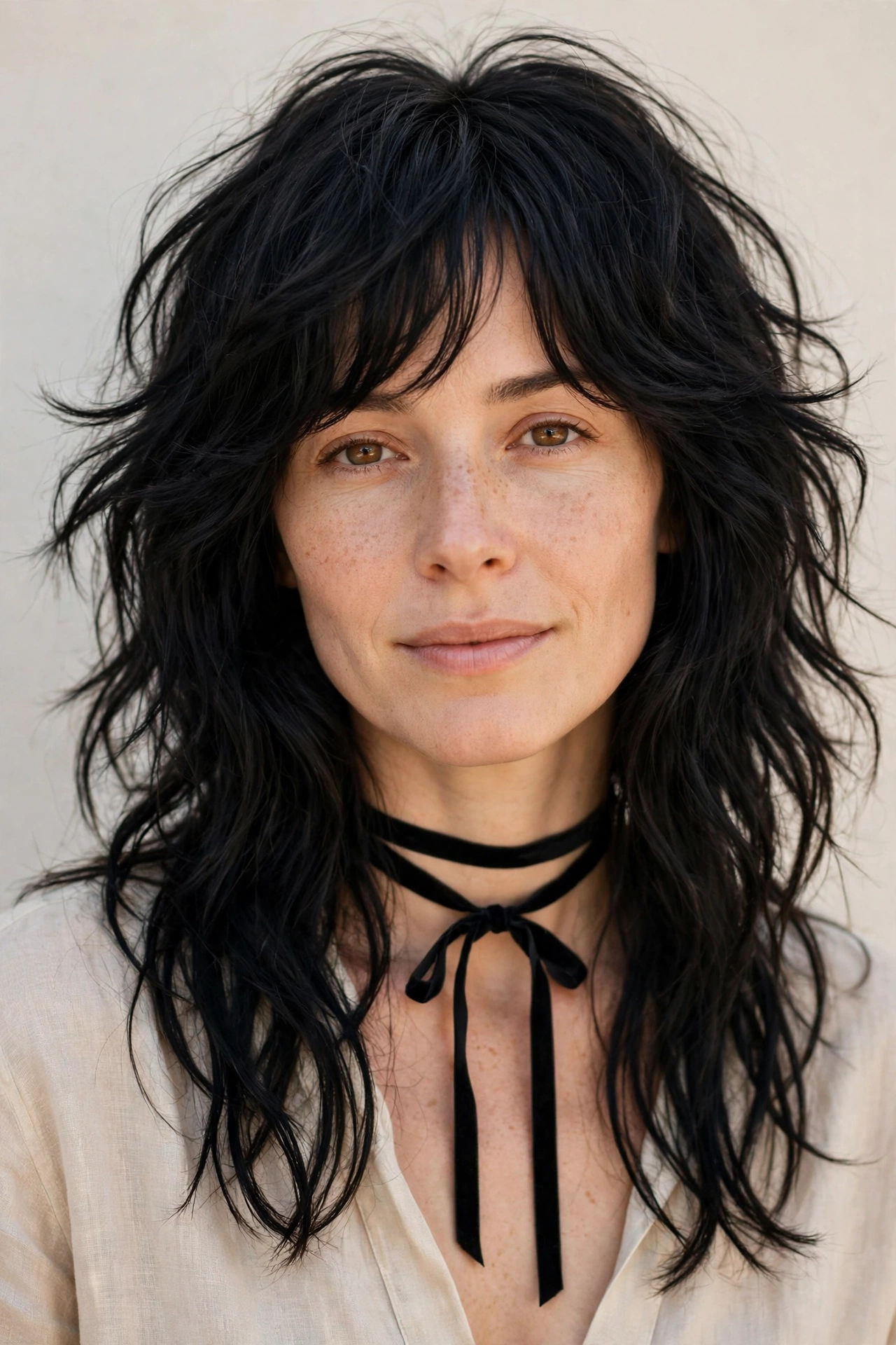 Wolf Cut Hairstyles for Wavy Hair with Textured Ends in soft black with a relaxed with movement finish