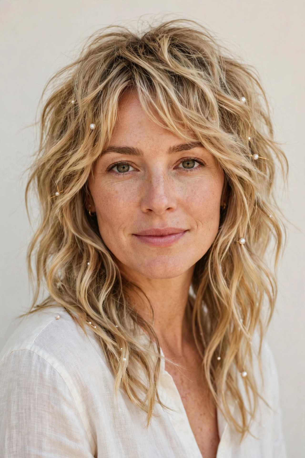Honey Blonde Wolf Cut Hairstyles for Wavy Hair with Textured Ends with Delicate Pearl Pins
