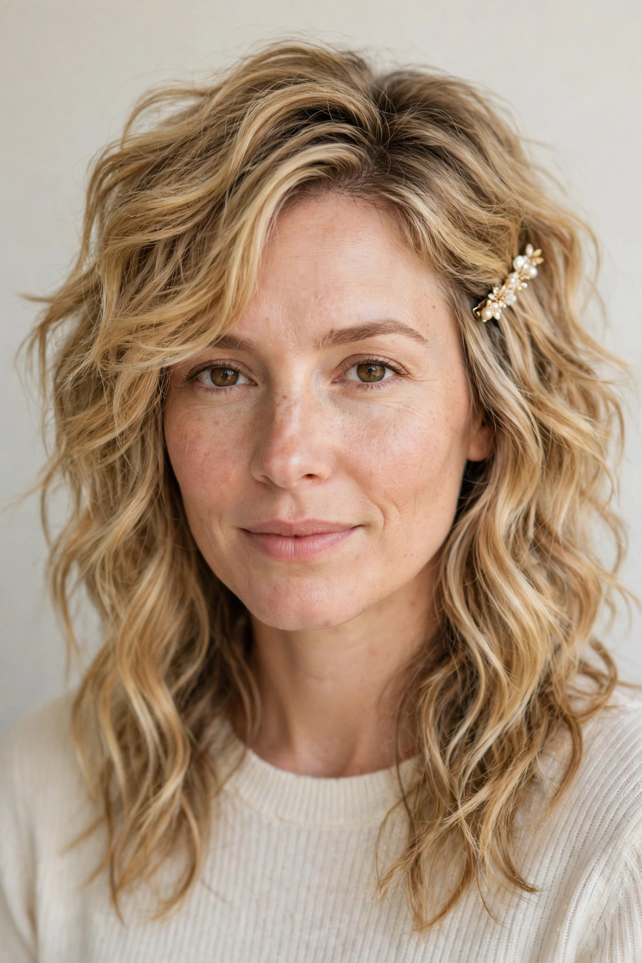 Wolf Cut Hairstyles for Wavy Hair with Textured Ends in golden blonde with a softly textured finish