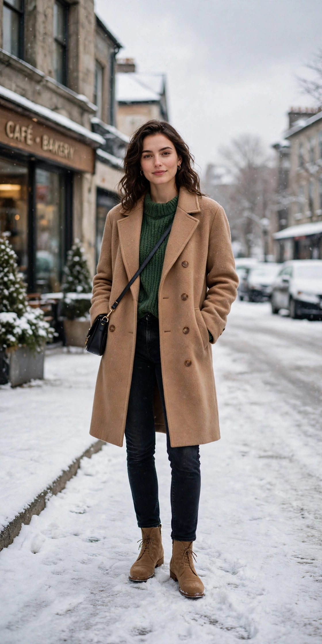Soft camel wool coat, forest green knit top with dark jeans and suede ankle boots
