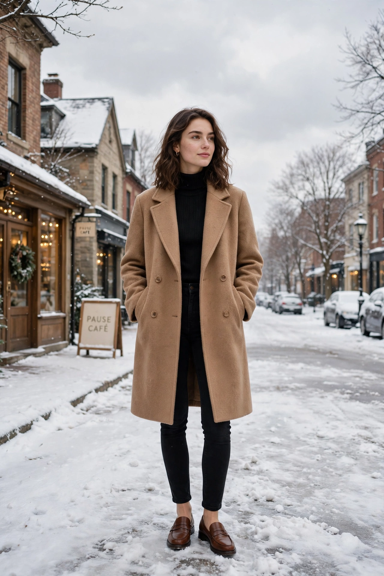Soft camel wool coat, black skinny jeans and classic loafers