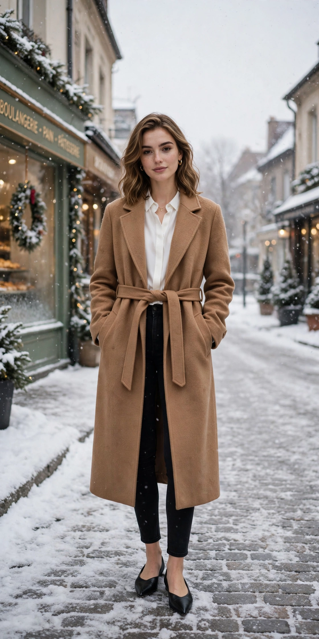 Honey camel wool coat, white blouse with black jeans and elegant pointed flats