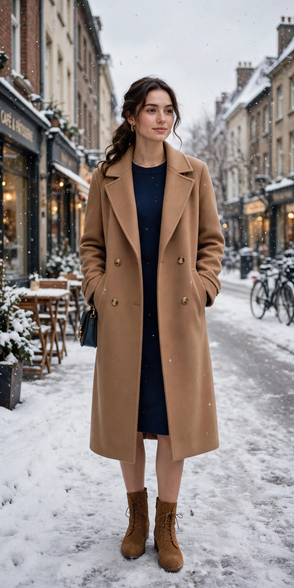 Long camel wool coat, navy knit dress and suede ankle boots