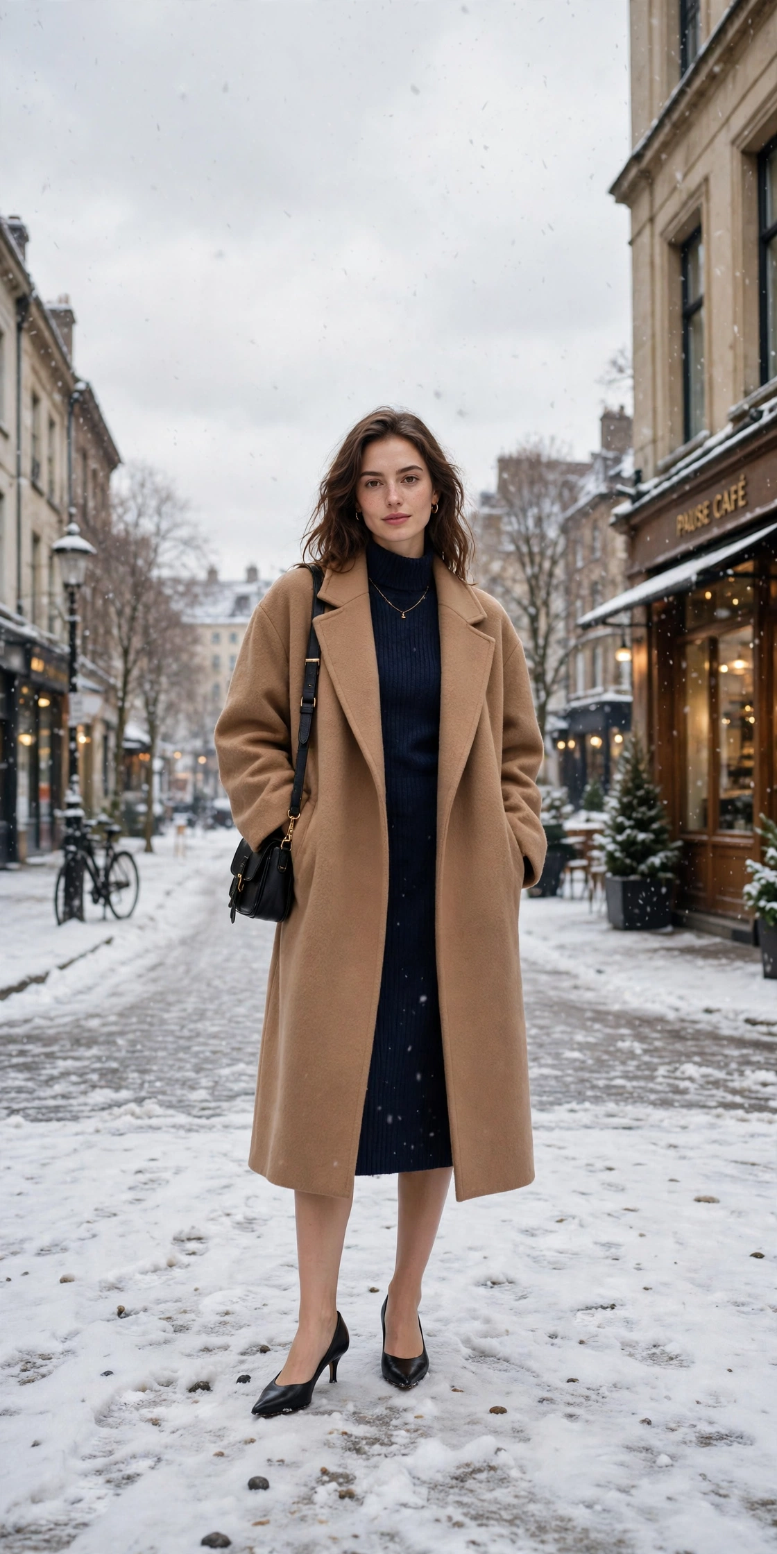 Oversized camel wool coat, navy knit dress and kitten heels