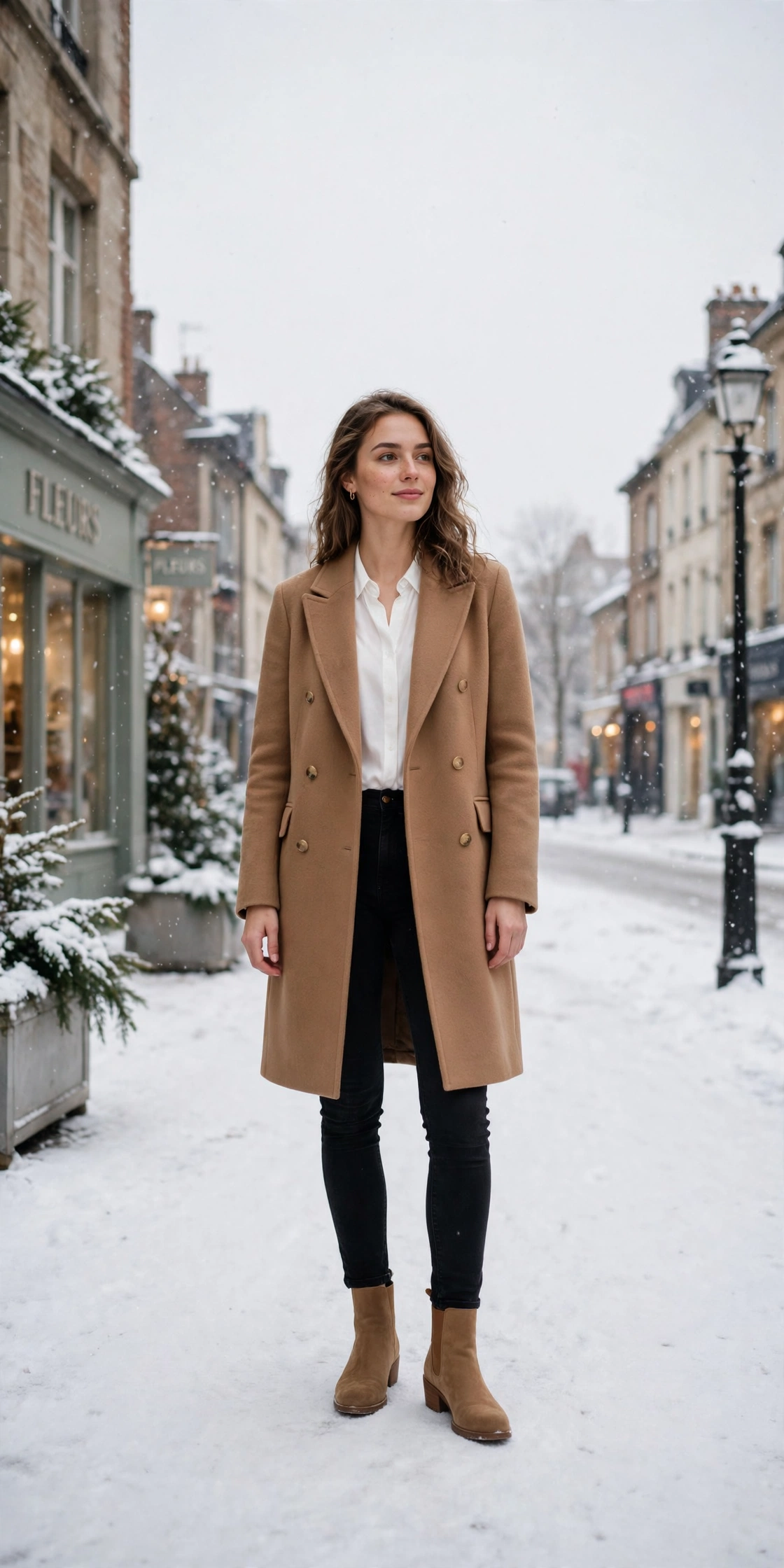 Classic camel wool coat, white blouse with black jeans and suede ankle boots