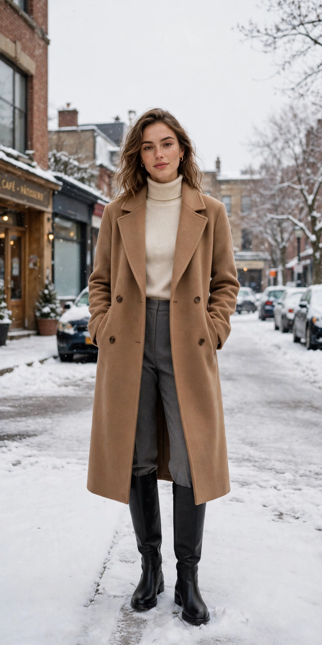 Classic camel wool coat, cream turtleneck with grey trousers and knee-high boots