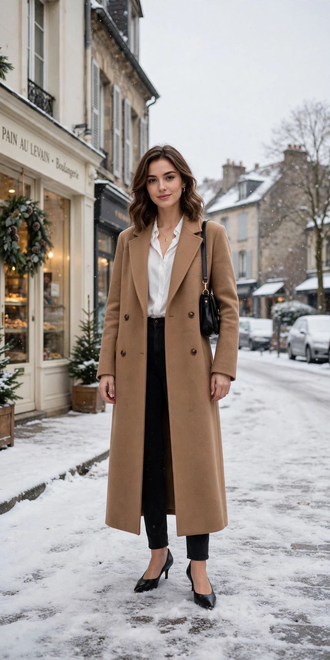 Long camel wool coat, white blouse with black jeans and kitten heels