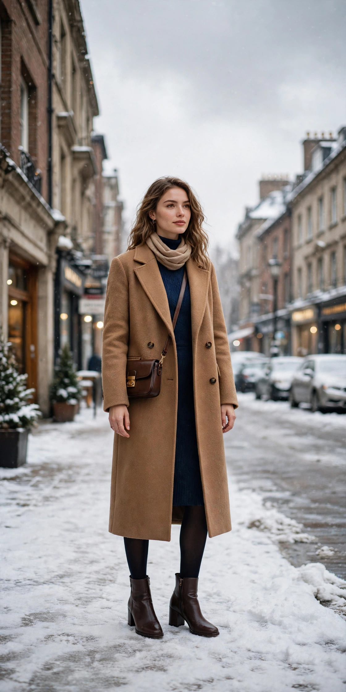 Honey camel wool coat, navy knit dress and block-heel ankle boots