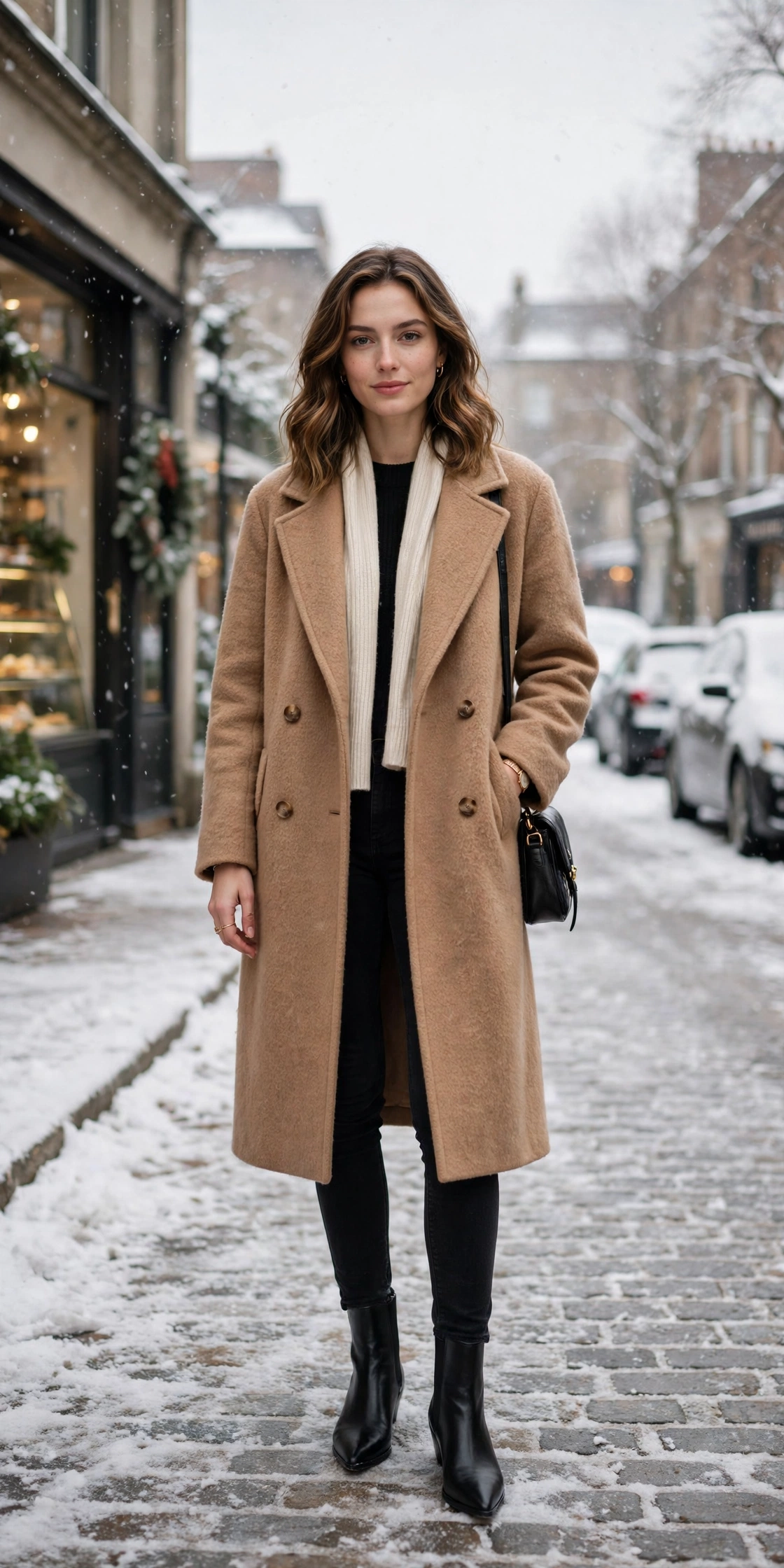 Soft camel wool coat, black skinny jeans and black pointed boots