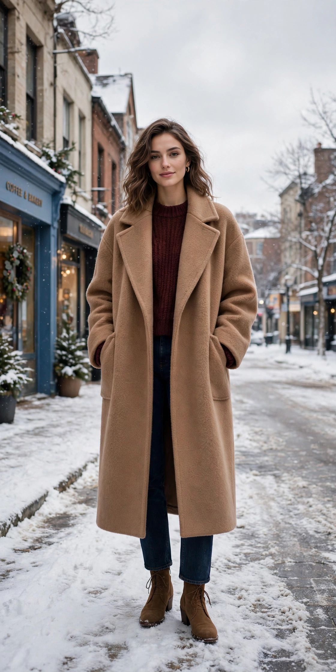 Oversized camel wool coat, burgundy sweater with dark jeans and suede ankle boots