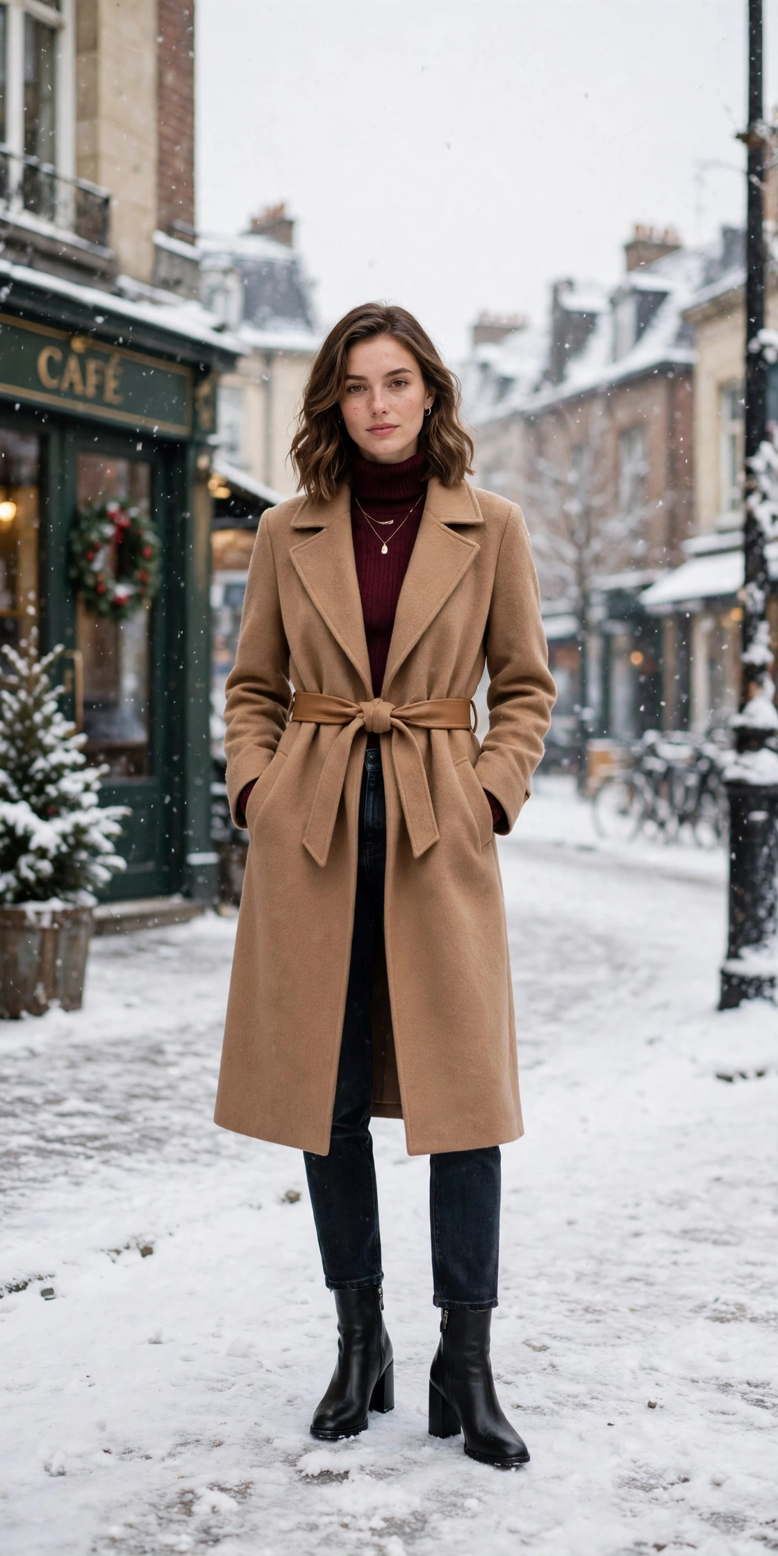 Belted camel wool coat, burgundy sweater with dark jeans and block-heel ankle boots