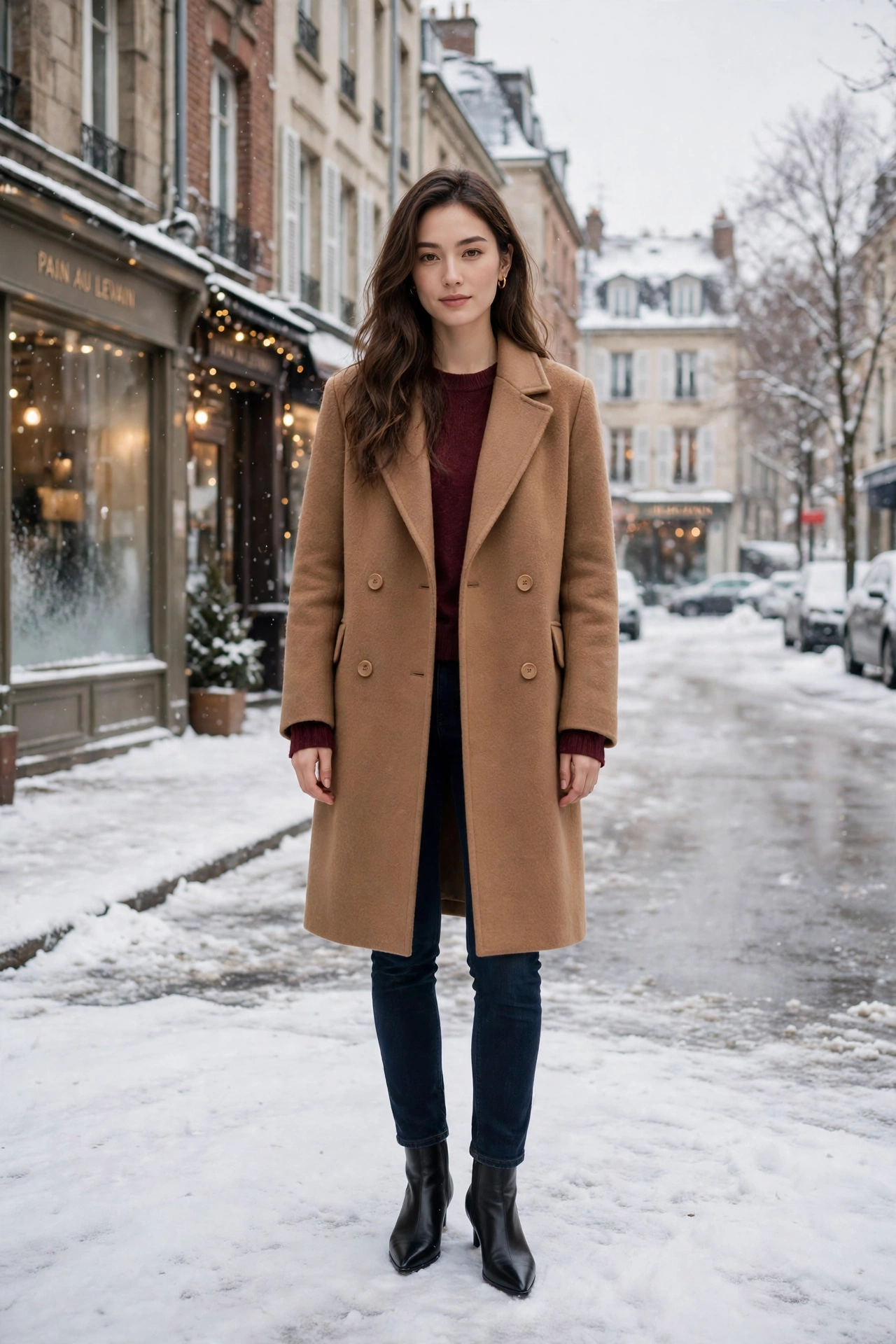 Honey camel wool coat, burgundy sweater with dark jeans and black pointed boots
