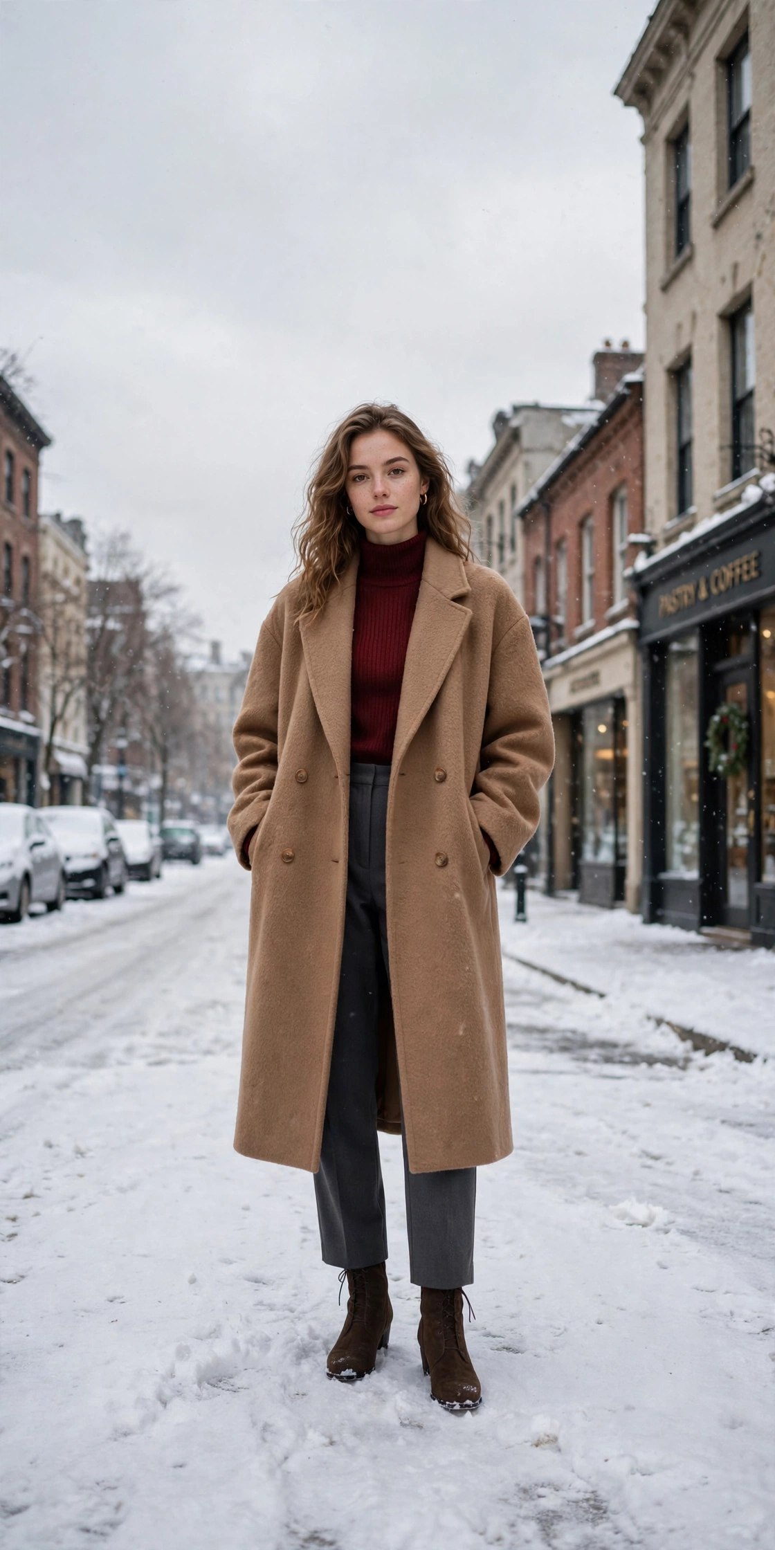 Oversized camel wool coat, wine top with charcoal trousers and suede ankle boots