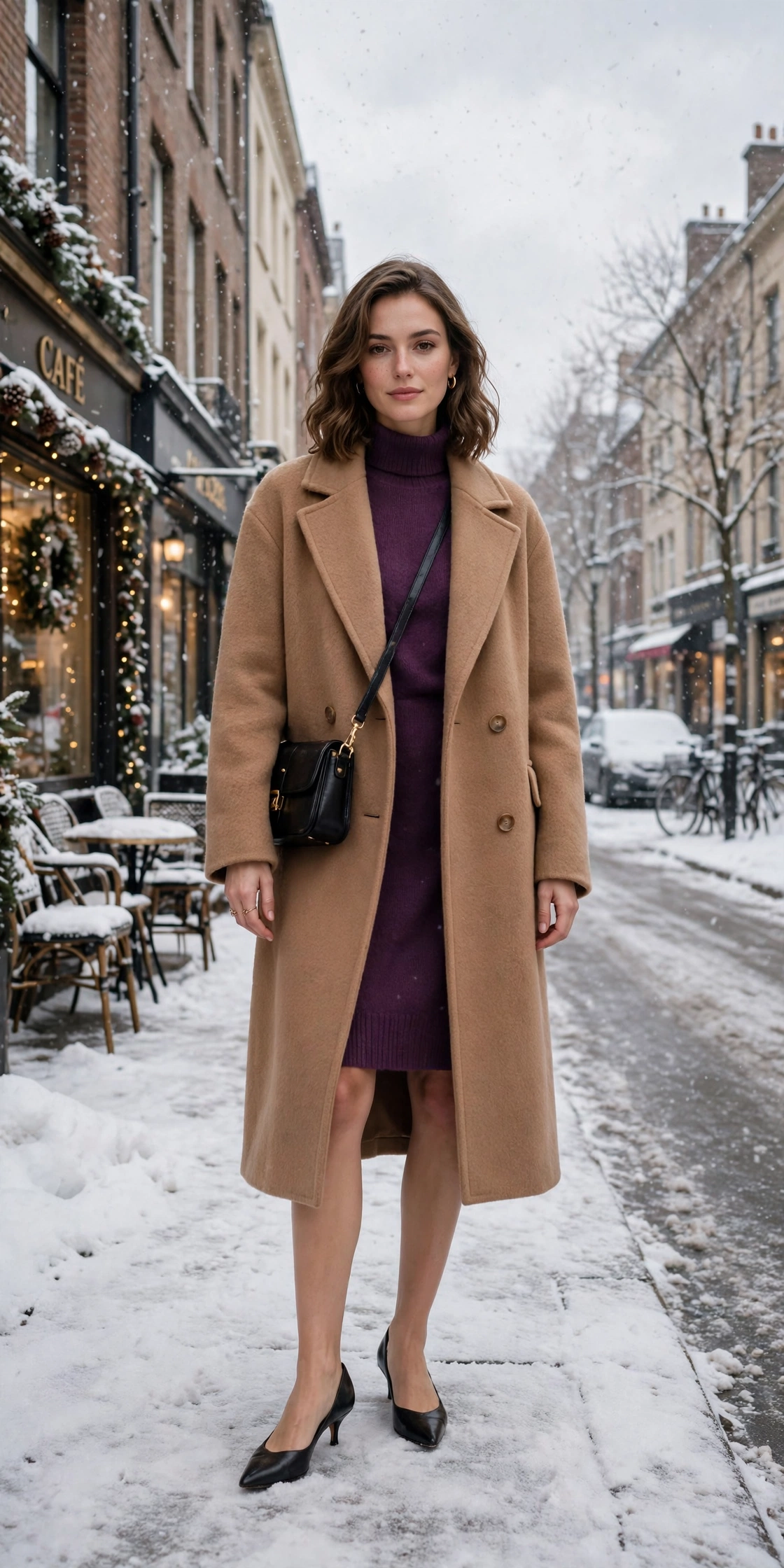 Soft camel wool coat, plum sweater dress and kitten heels