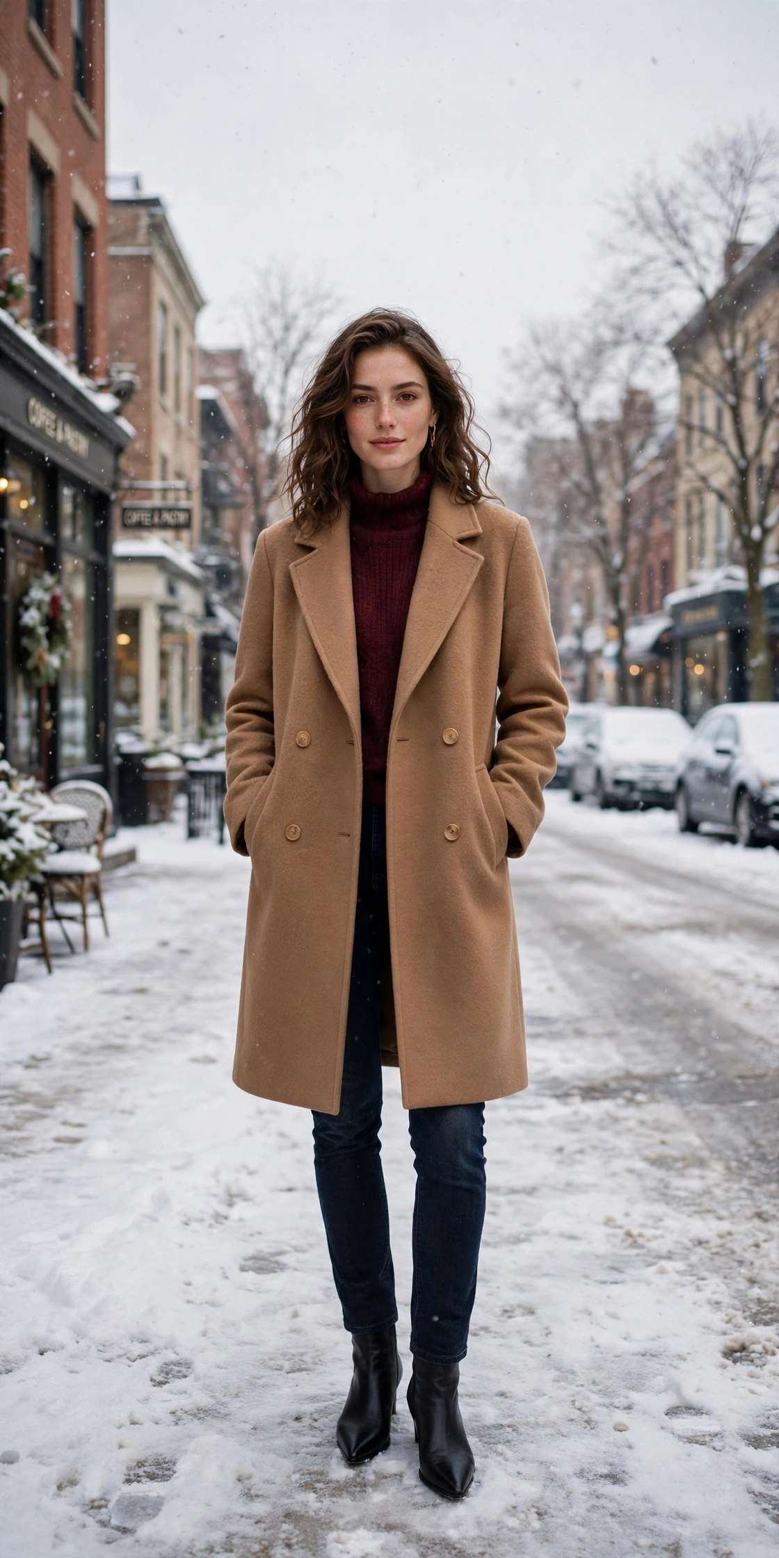 Classic camel wool coat, burgundy sweater with dark jeans and black pointed boots
