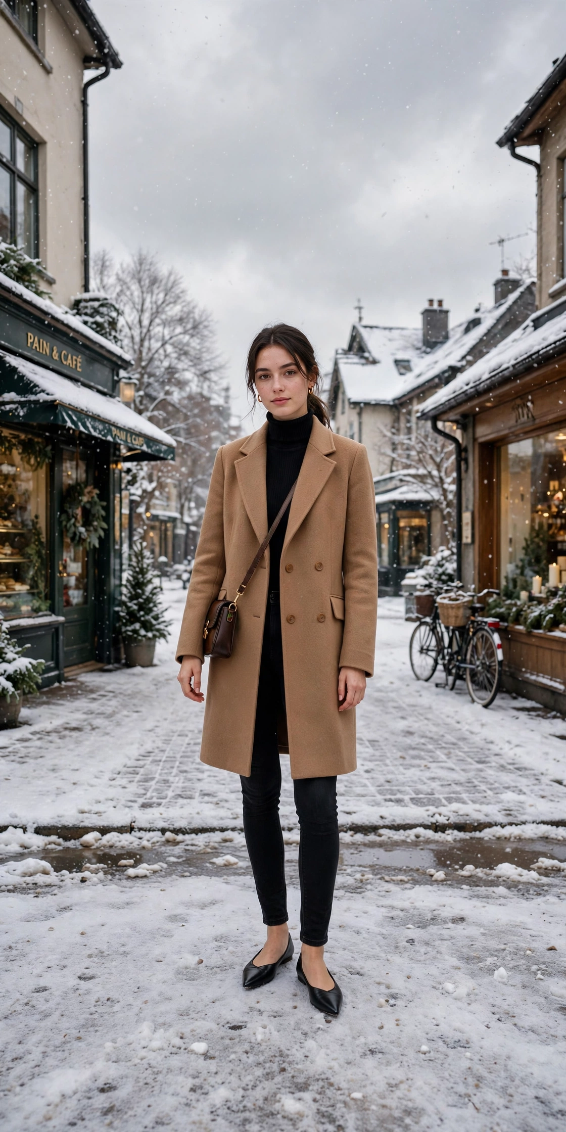 Classic camel wool coat, black skinny jeans and elegant pointed flats