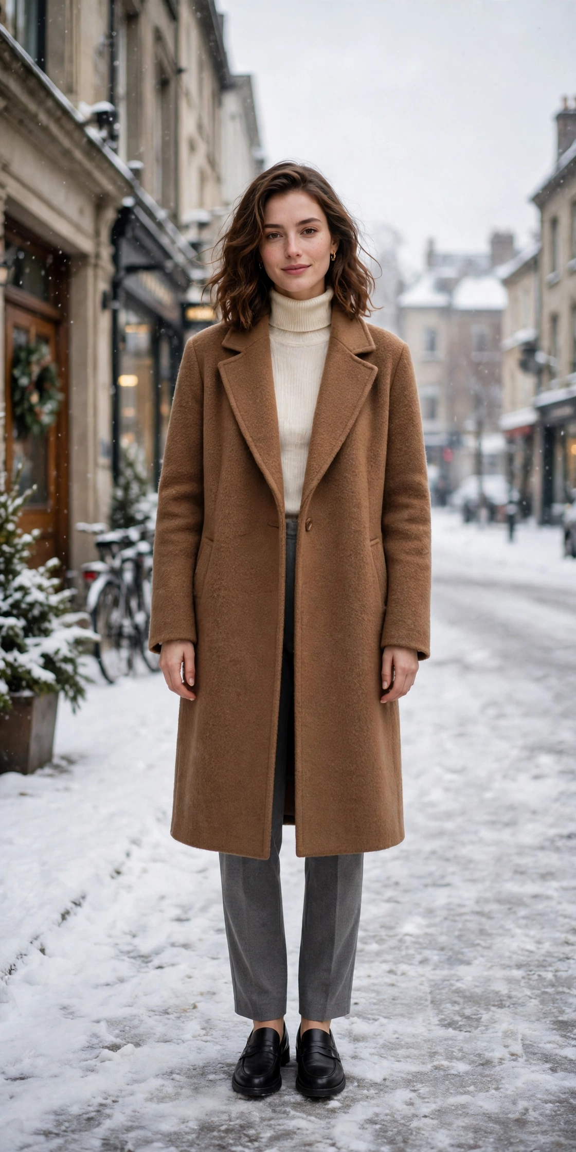 Deep camel wool coat, cream turtleneck with grey trousers and classic loafers