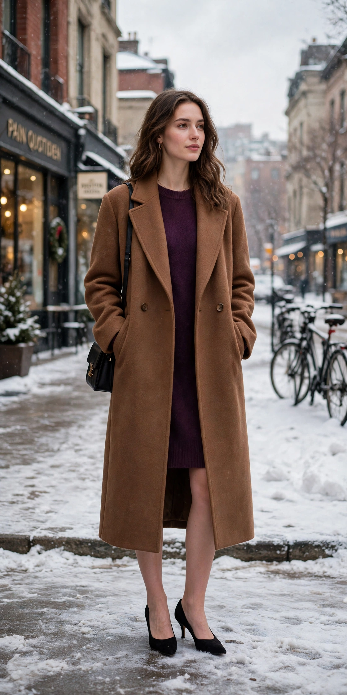 Deep camel wool coat, plum sweater dress and kitten heels