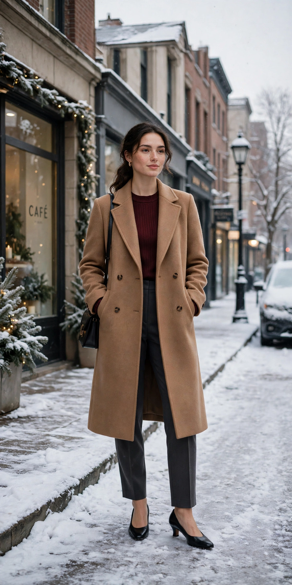 Classic camel wool coat, wine top with charcoal trousers and low-heeled pumps