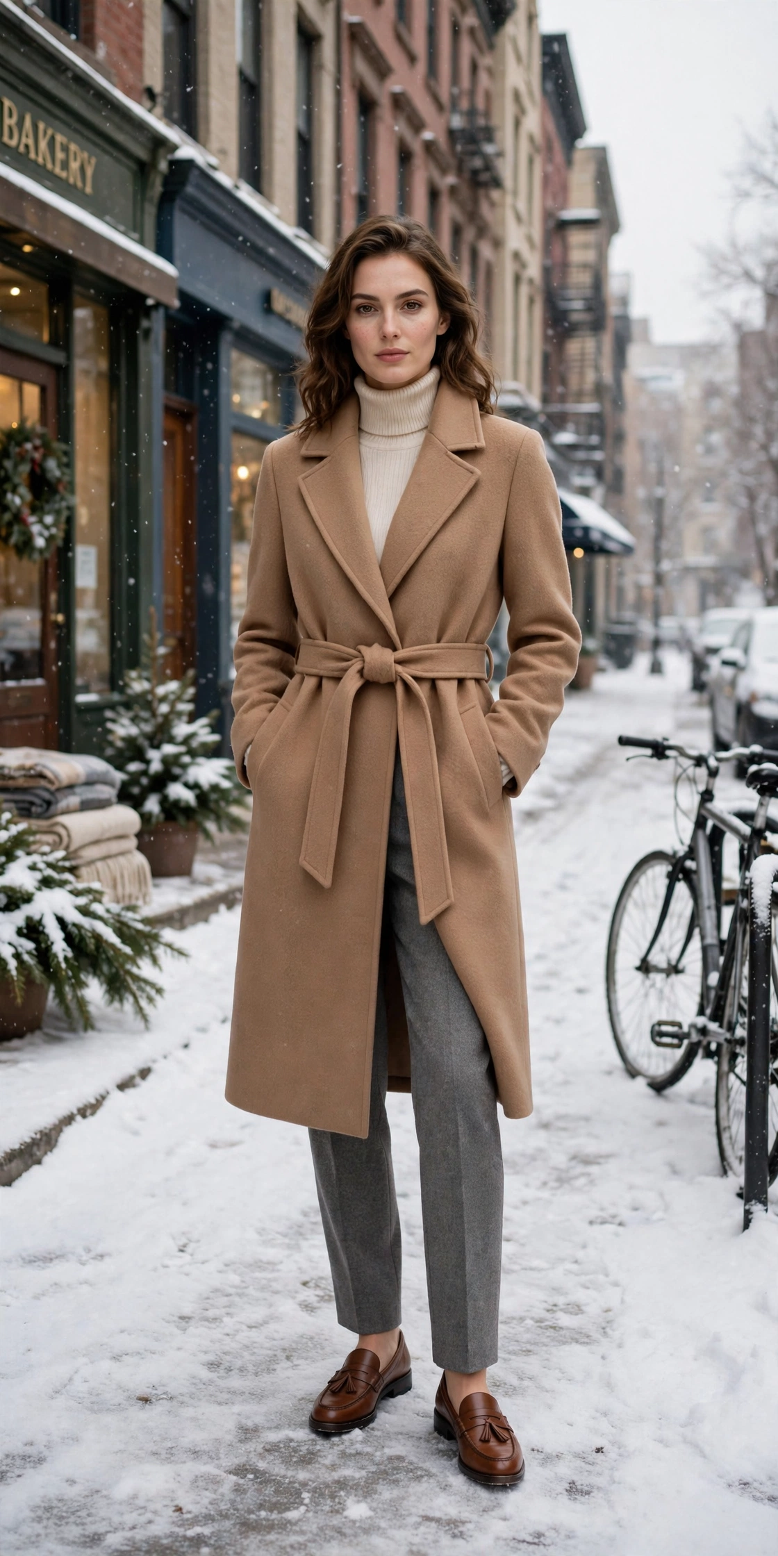 Belted camel wool coat, cream turtleneck with grey trousers and classic loafers