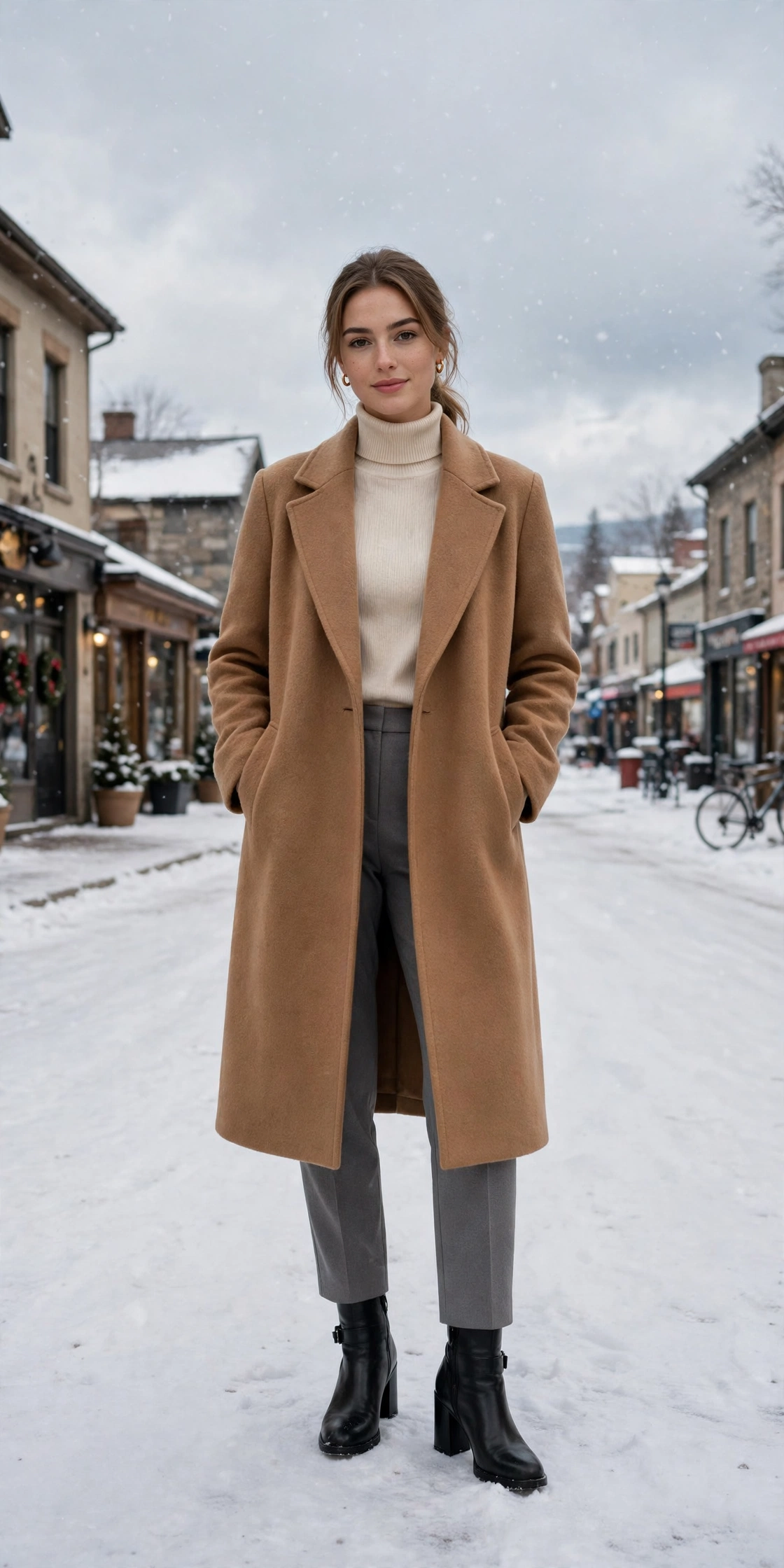 Honey camel wool coat, cream turtleneck with grey trousers and block-heel ankle boots