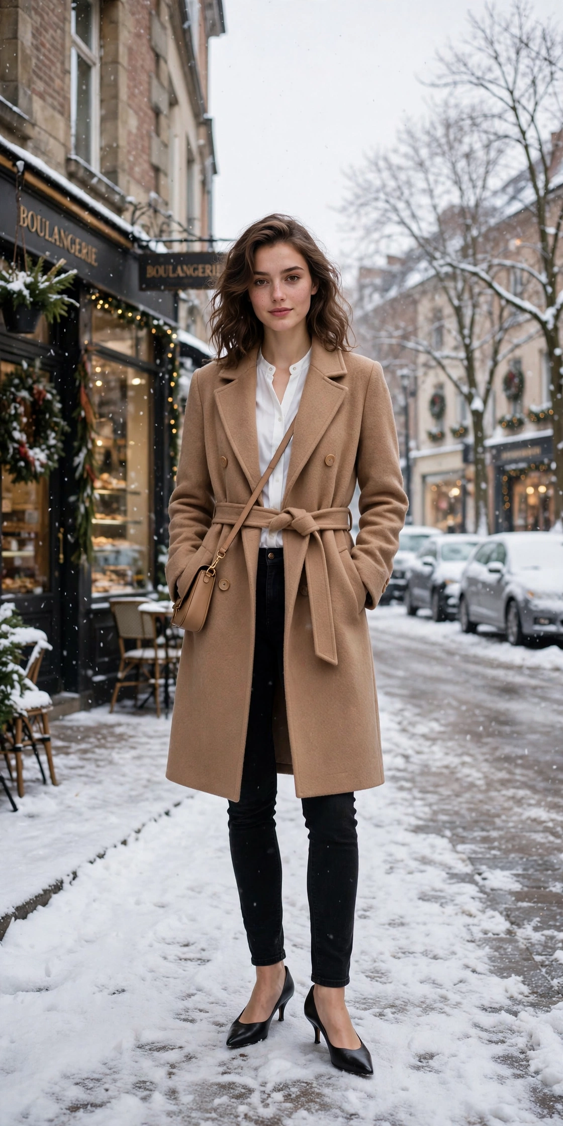 Soft camel wool coat, white blouse with black jeans and kitten heels