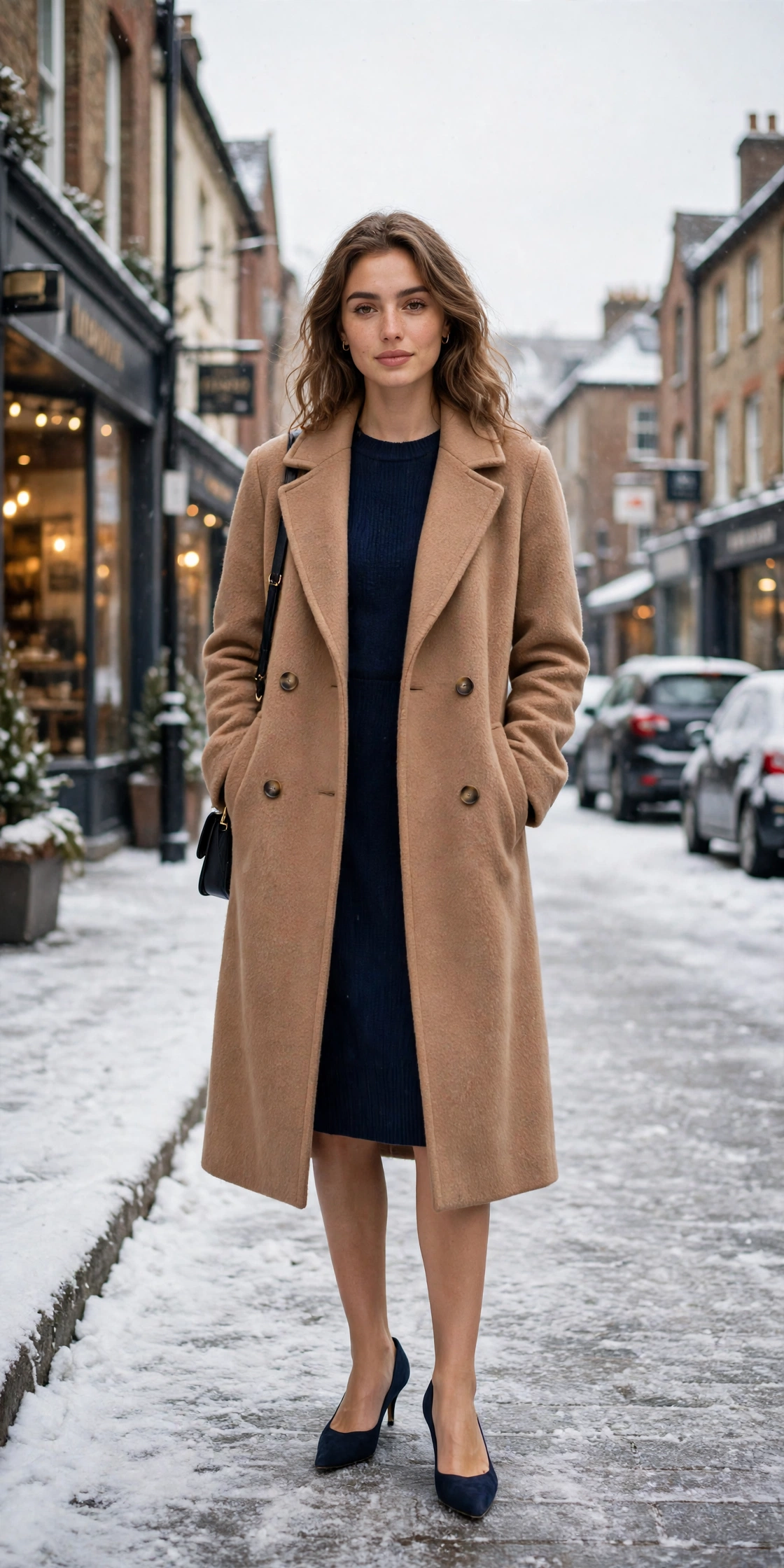Soft camel wool coat, navy knit dress and kitten heels