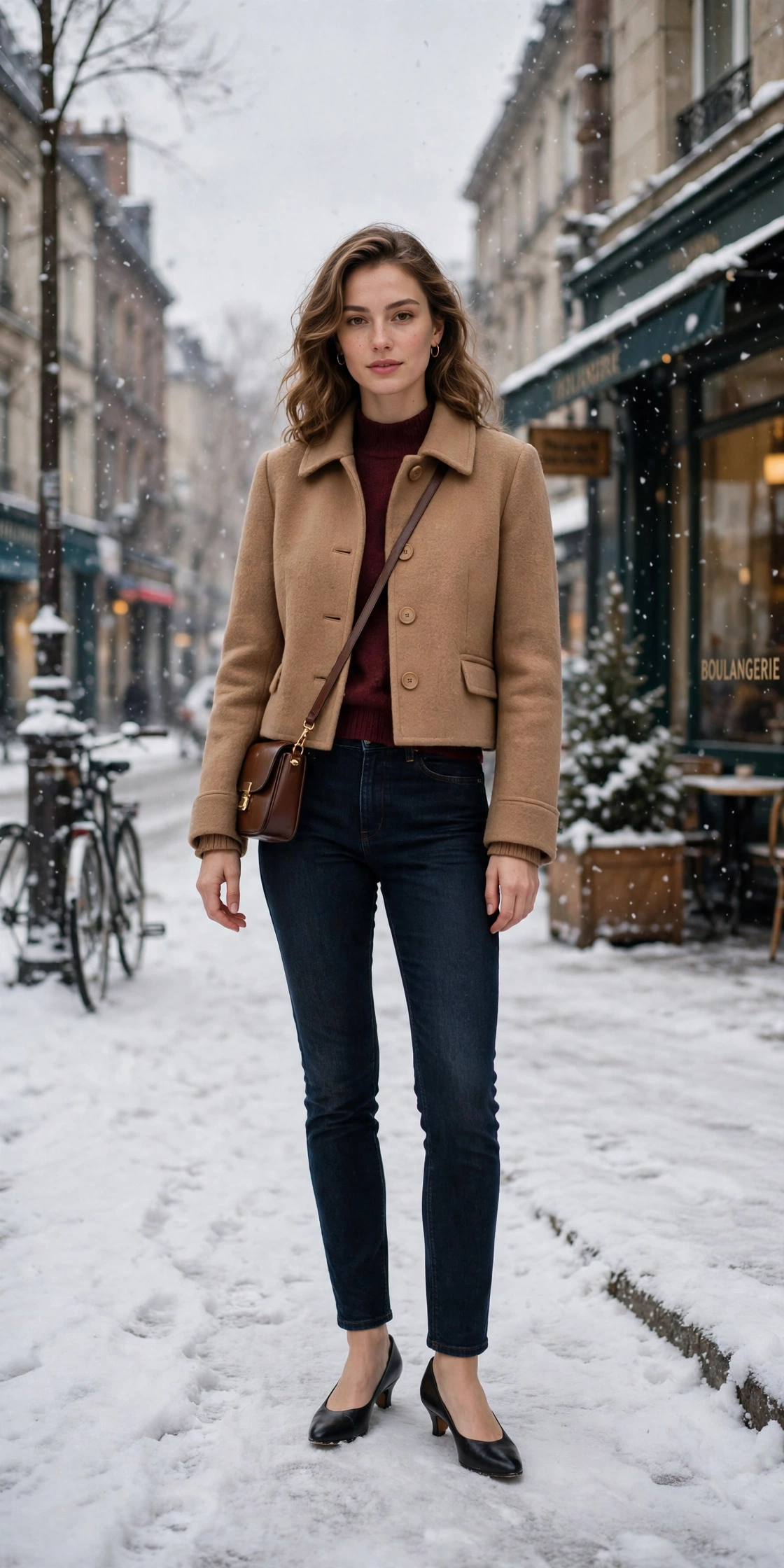 Cropped camel wool coat, burgundy sweater with dark jeans and low-heeled pumps