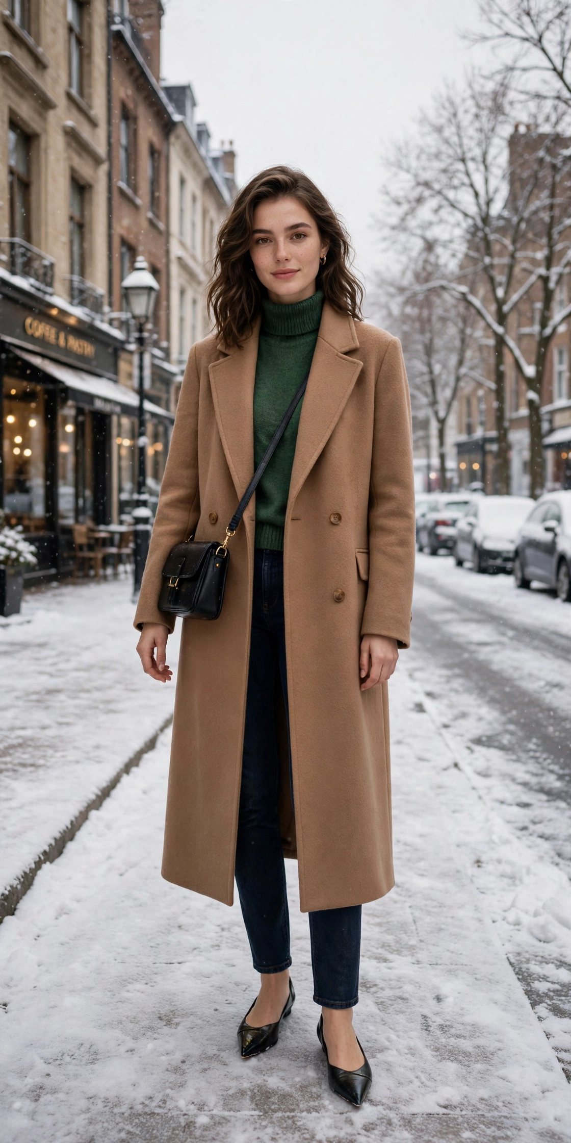 Long camel wool coat, forest green knit top with dark jeans and elegant pointed flats