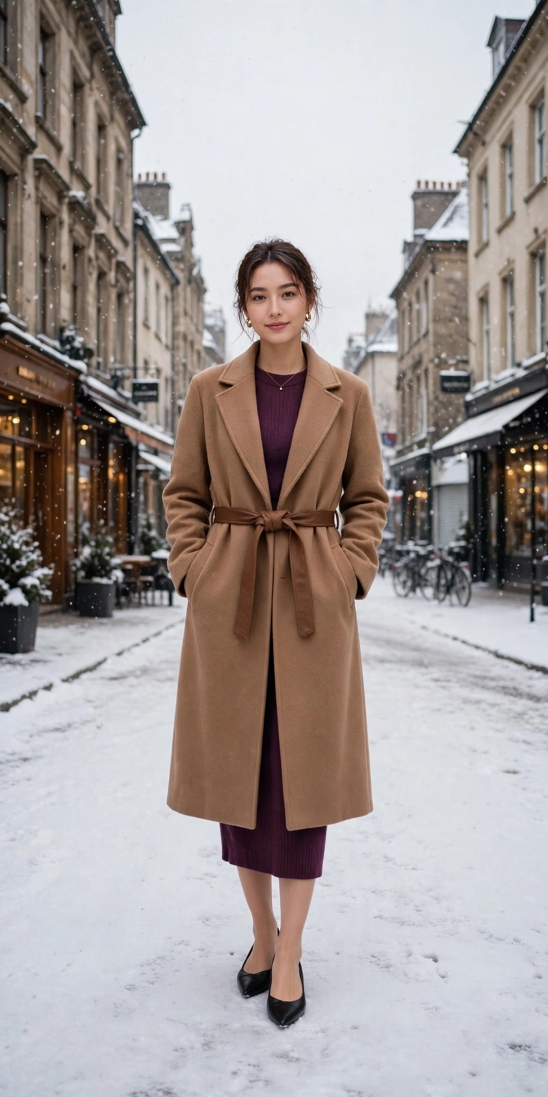 Belted camel wool coat, plum sweater dress and elegant pointed flats