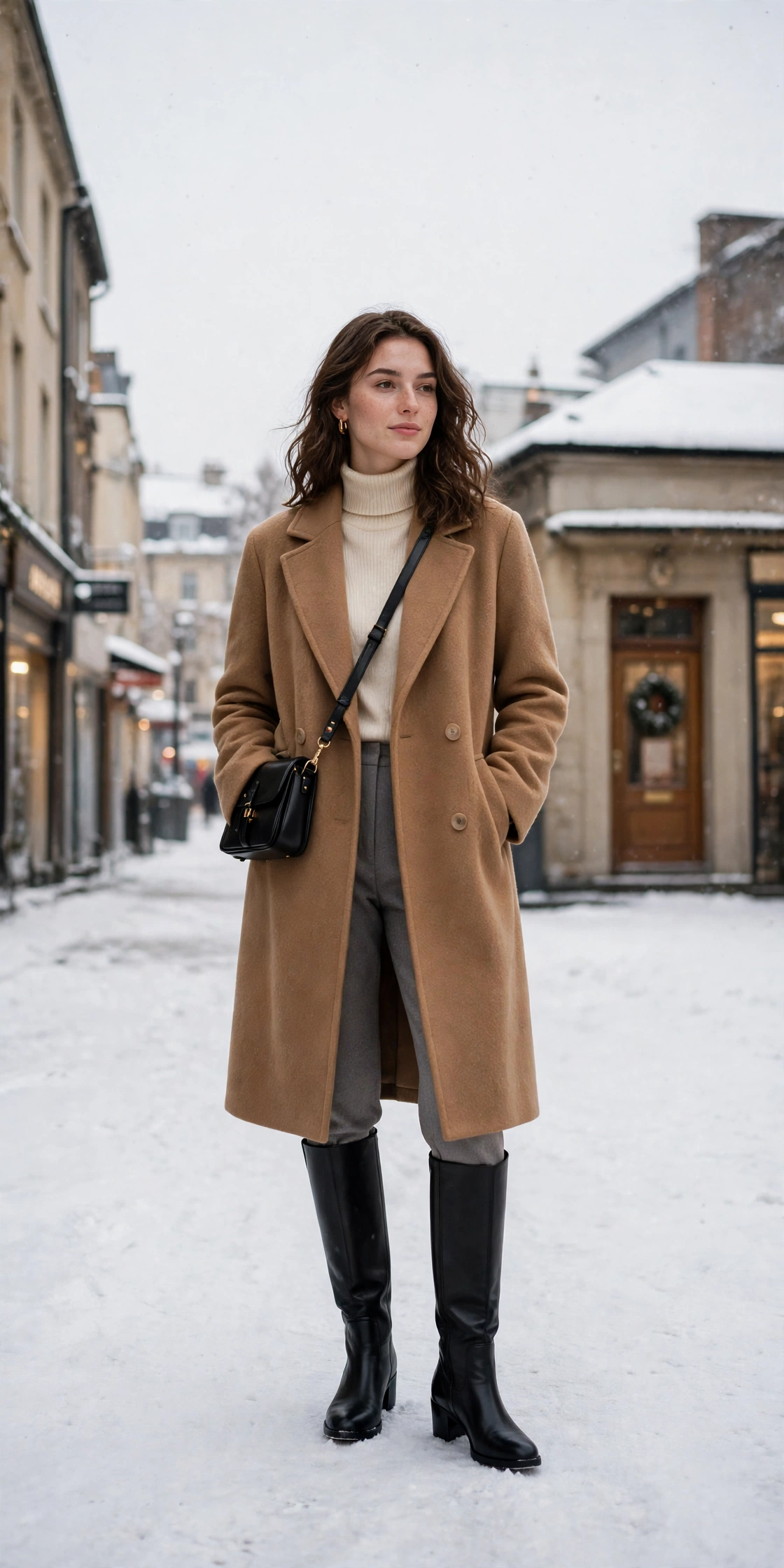 Honey camel wool coat, cream turtleneck with grey trousers and knee-high boots