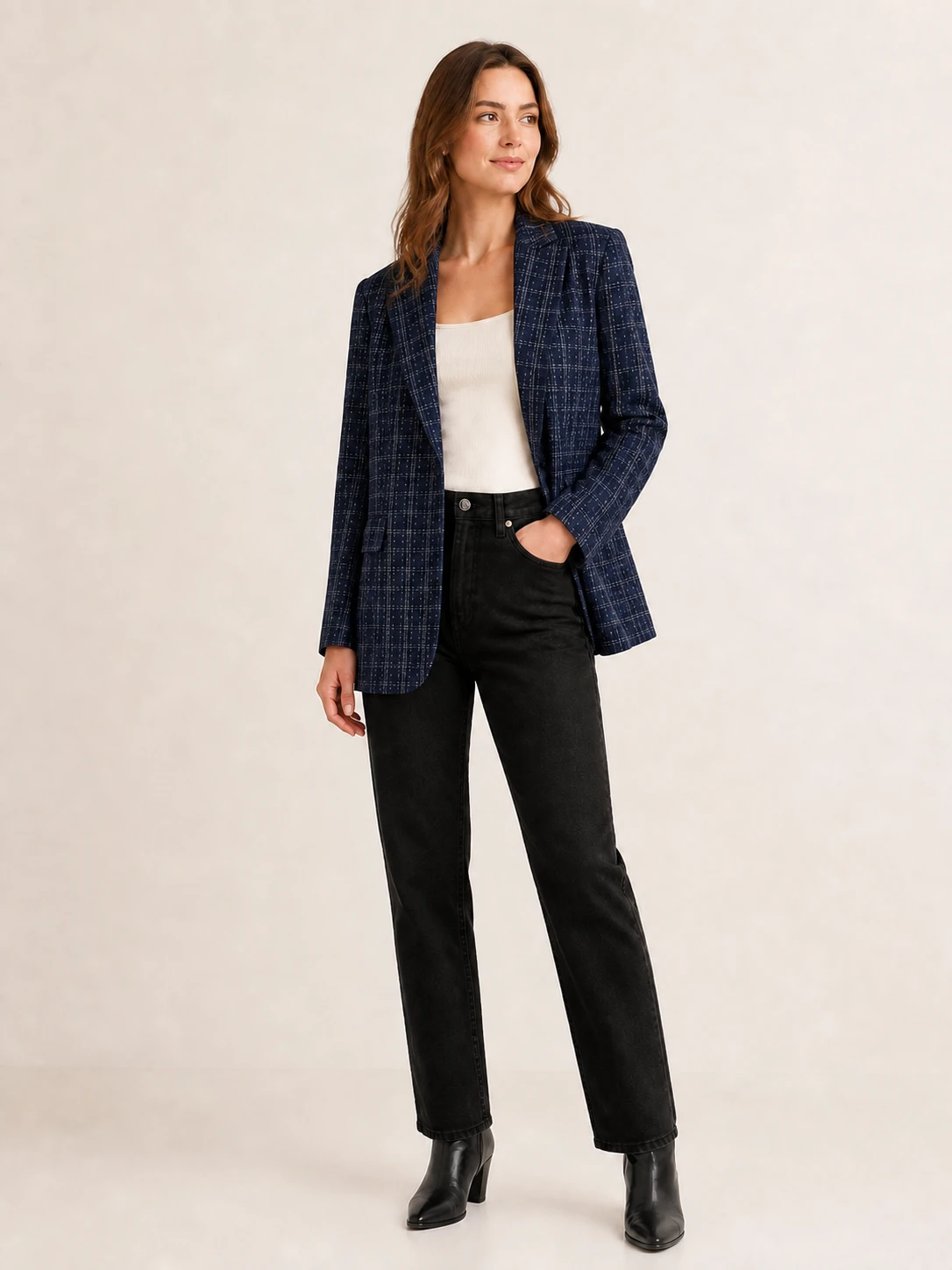 Windowpane check blazer with straight-leg jeans