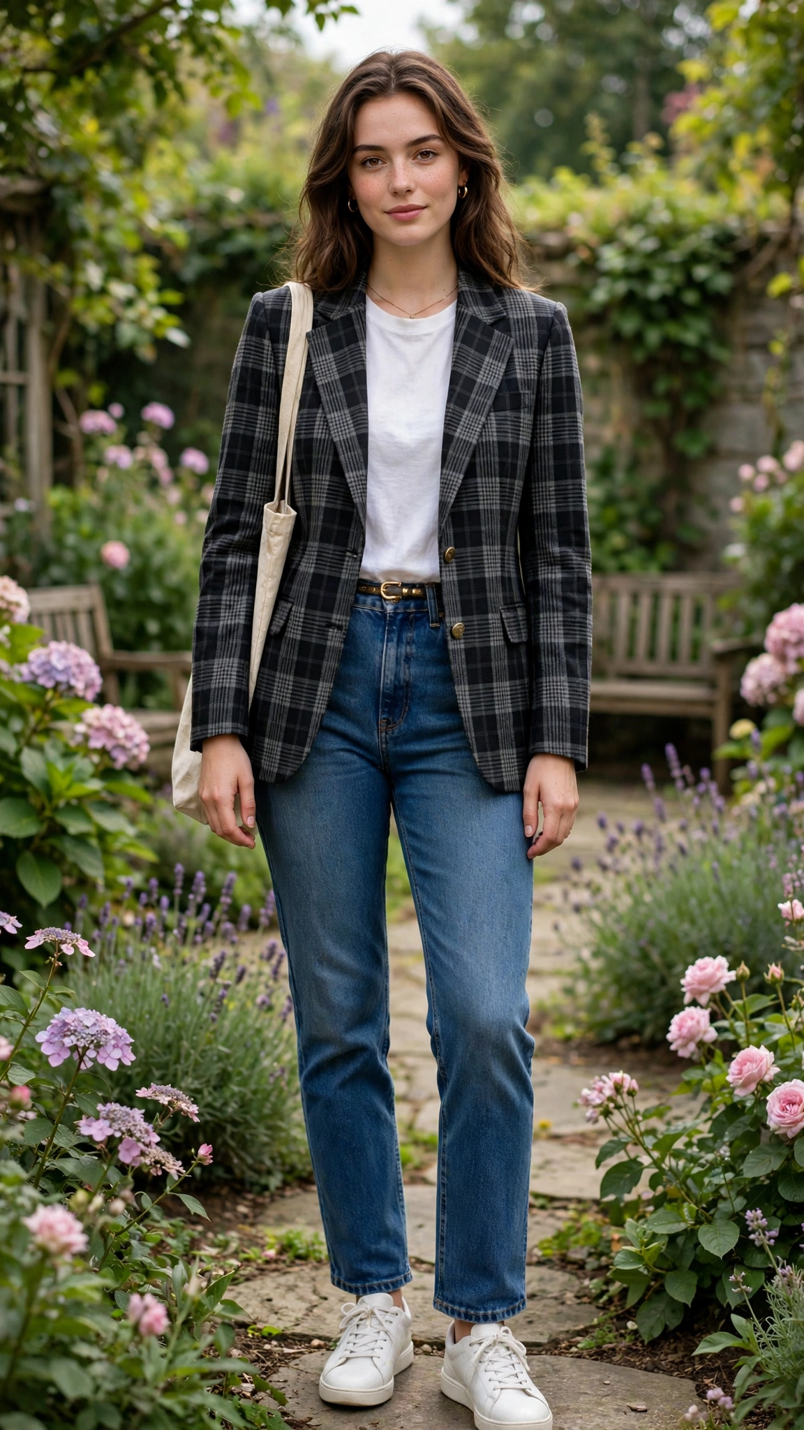 Glen check blazer with high-waisted jeans