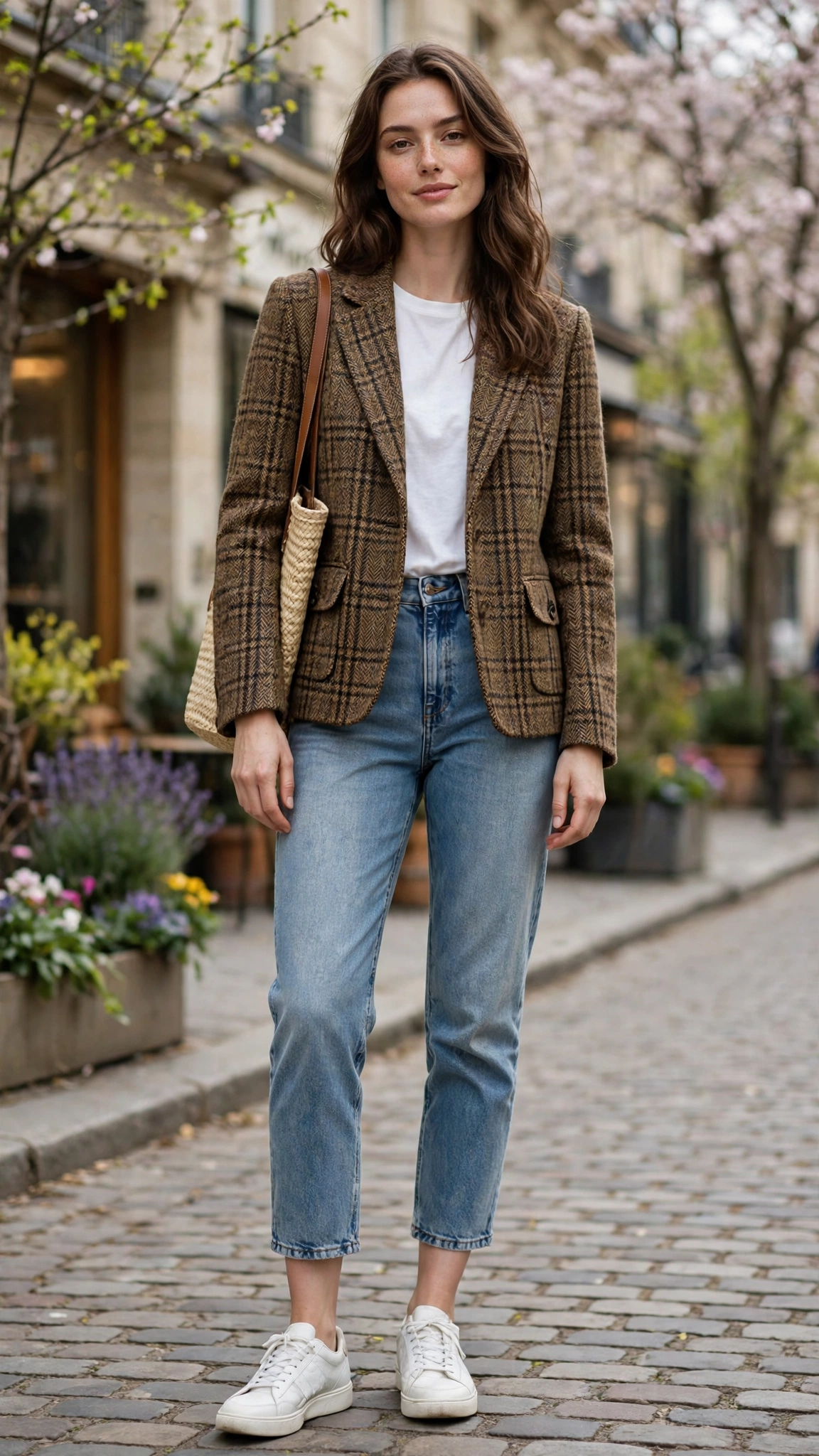 Brown check tweed jacket with cropped jeans