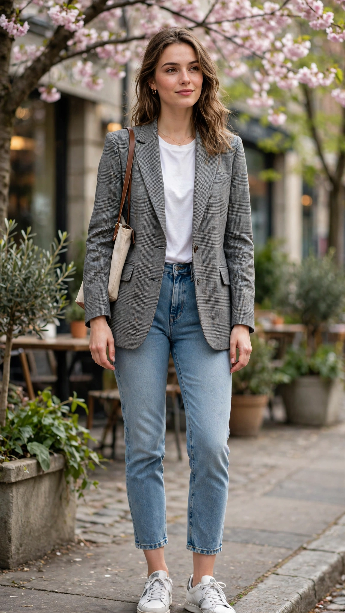 Grey check blazer with ankle jeans