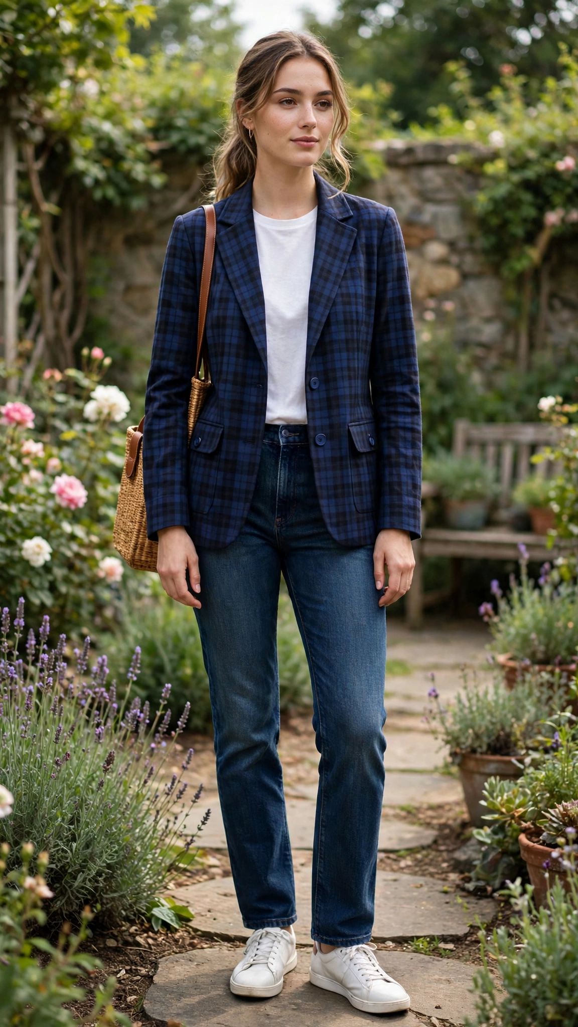 Navy check jacket with dark-wash jeans
